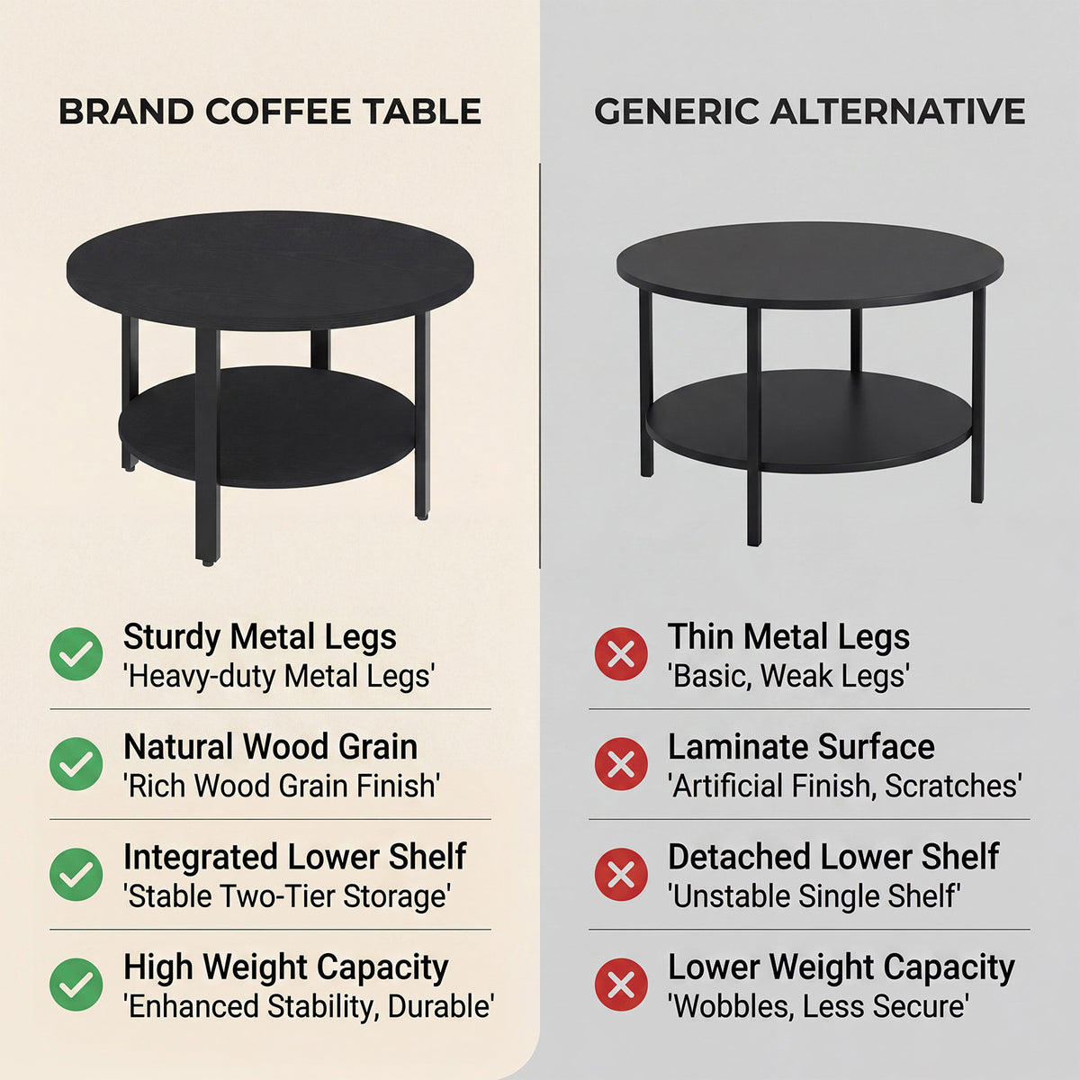 31.5in Round Coffee Table 2 Tier Center Table with Storage Easy Assembly for Living Room Home Office Black