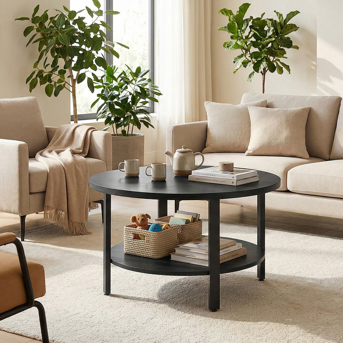 31.5in Round Coffee Table 2 Tier Center Table with Storage Easy Assembly for Living Room Home Office Black