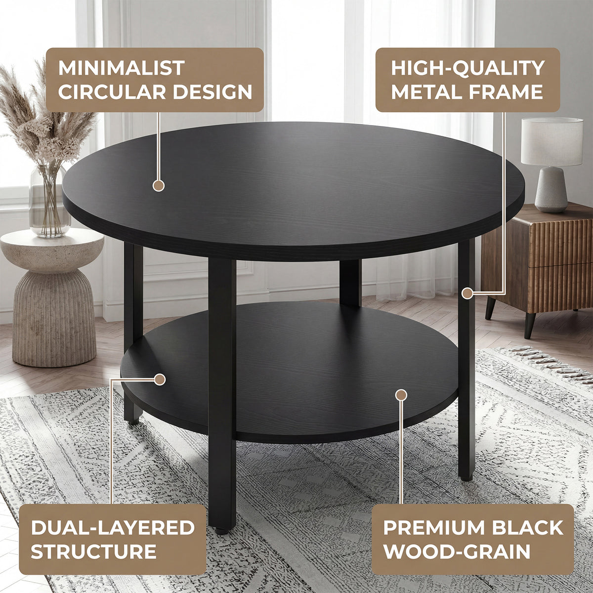 31.5in Round Coffee Table 2 Tier Center Table with Storage Easy Assembly for Living Room Home Office Black