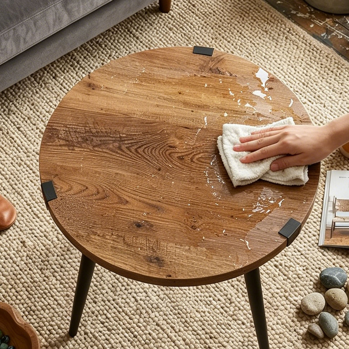 23.6 Inch Round Coffee Table Mid Century Modern End Table for Living Room Home Office Easy Assembly Oak