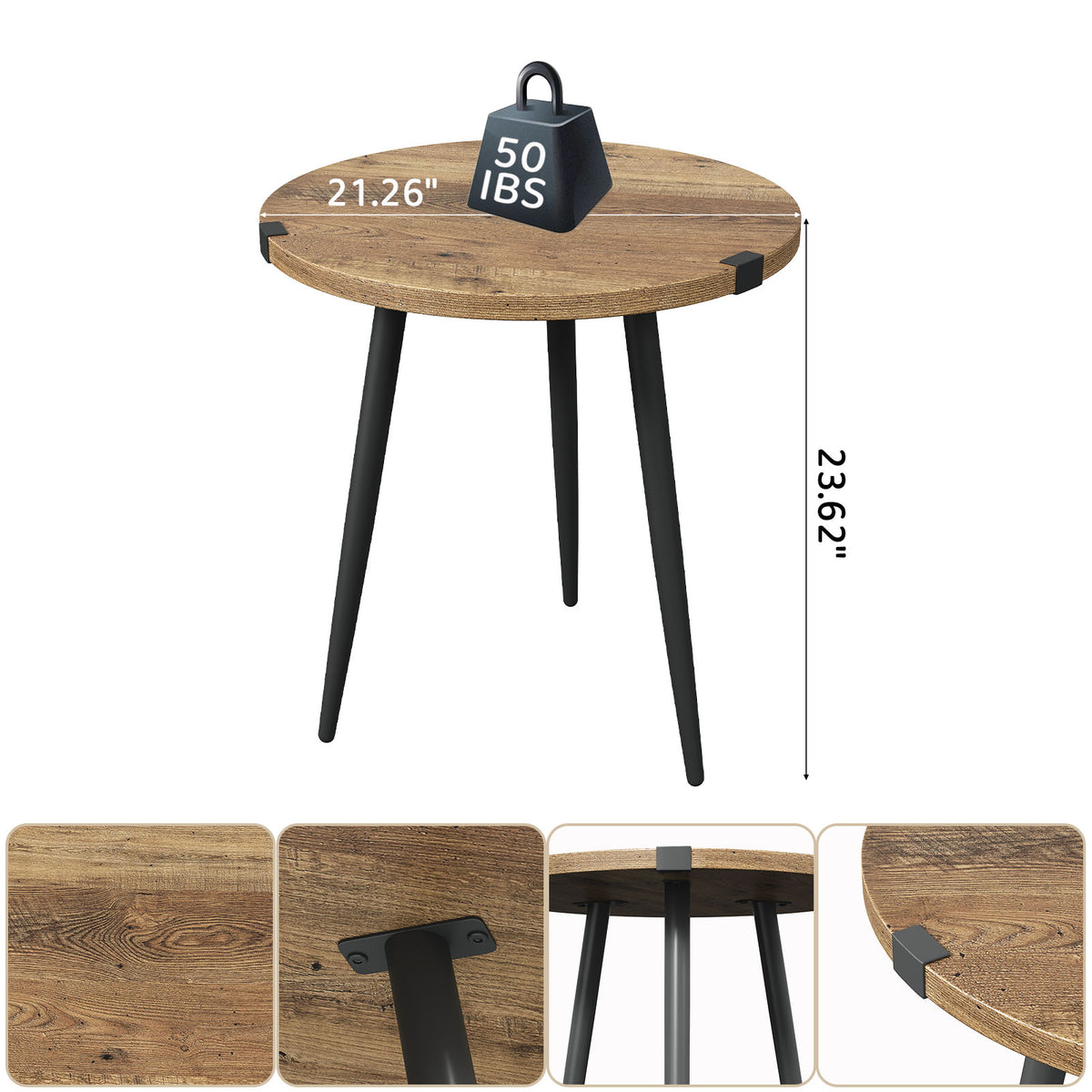 23.6 Inch Round Coffee Table Mid Century Modern End Table for Living Room Home Office Easy Assembly Oak