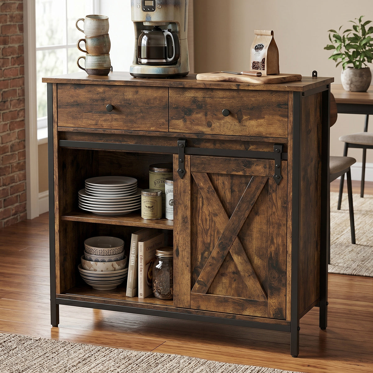 Buffet Cabinet Farmhouse Sideboard Coffee Bar Storage Cabinet with Sliding Barn Door Drawer Adjustable Shelf for Living Room