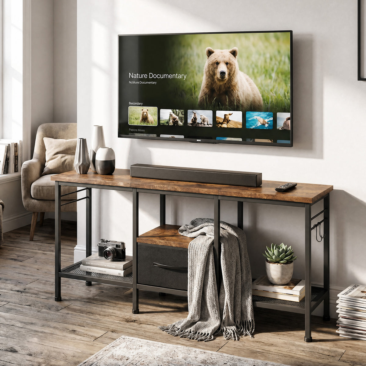 TV Stand with Fabric Drawer Open Storage Shelves Vintage Industrial Style Entertainment Center for 55 Inch TV Media Devices Game Consoles