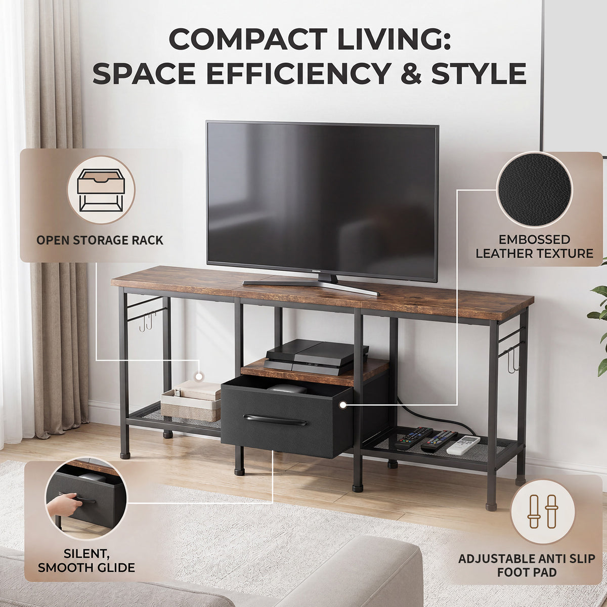 TV Stand with Fabric Drawer Open Storage Shelves Vintage Industrial Style Entertainment Center for 55 Inch TV Media Devices Game Consoles