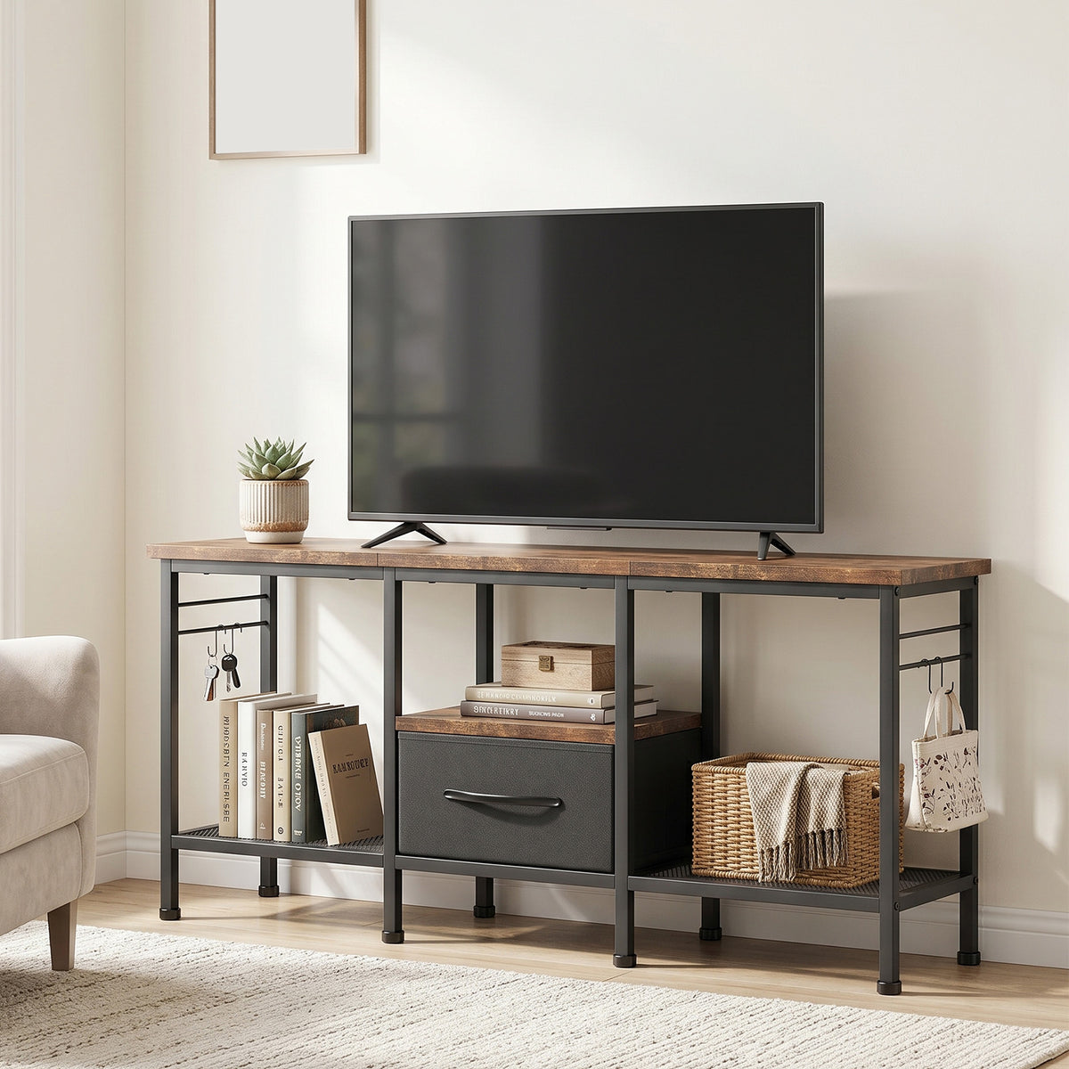 TV Stand with Fabric Drawer Open Storage Shelves Vintage Industrial Style Entertainment Center for 55 Inch TV Media Devices Game Consoles