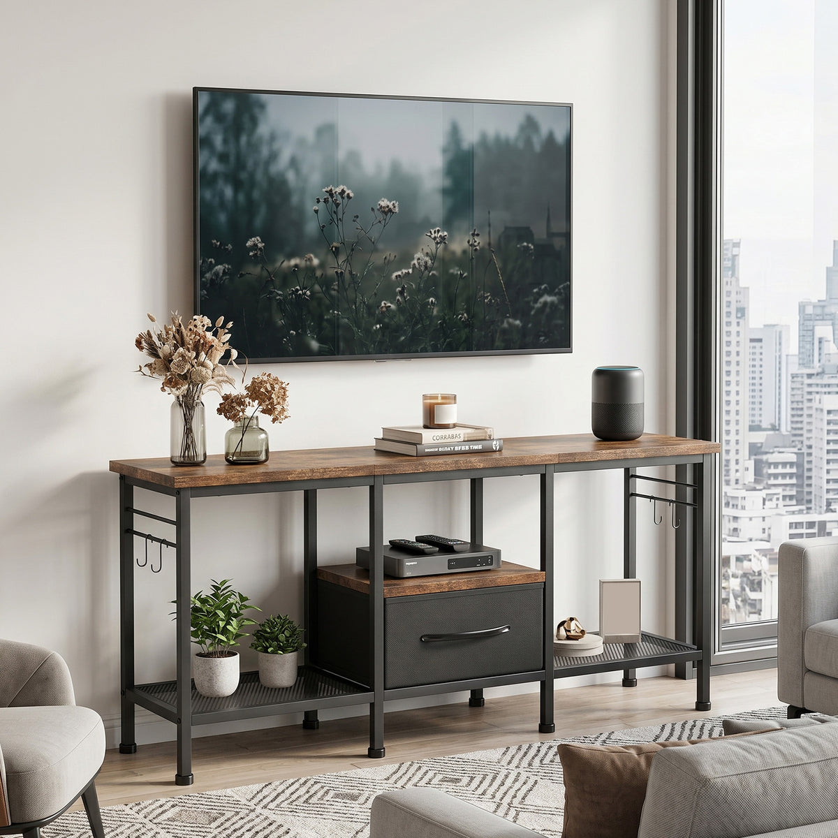 TV Stand with Fabric Drawer Open Storage Shelves Vintage Industrial Style Entertainment Center for 55 Inch TV Media Devices Game Consoles