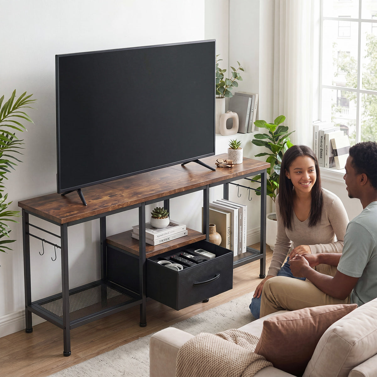 TV Stand with Fabric Drawer Open Storage Shelves Vintage Industrial Style Entertainment Center for 55 Inch TV Media Devices Game Consoles