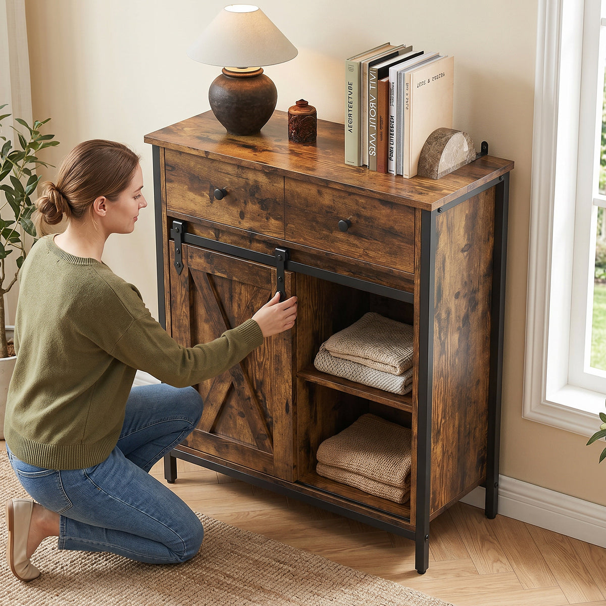 Buffet Cabinet Farmhouse Sideboard Coffee Bar Storage Cabinet with Sliding Barn Door Drawer Adjustable Shelf for Living Room