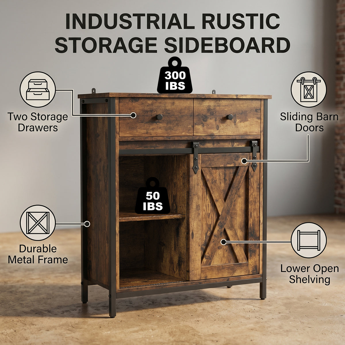 Buffet Cabinet Farmhouse Sideboard Coffee Bar Storage Cabinet with Sliding Barn Door Drawer Adjustable Shelf for Living Room