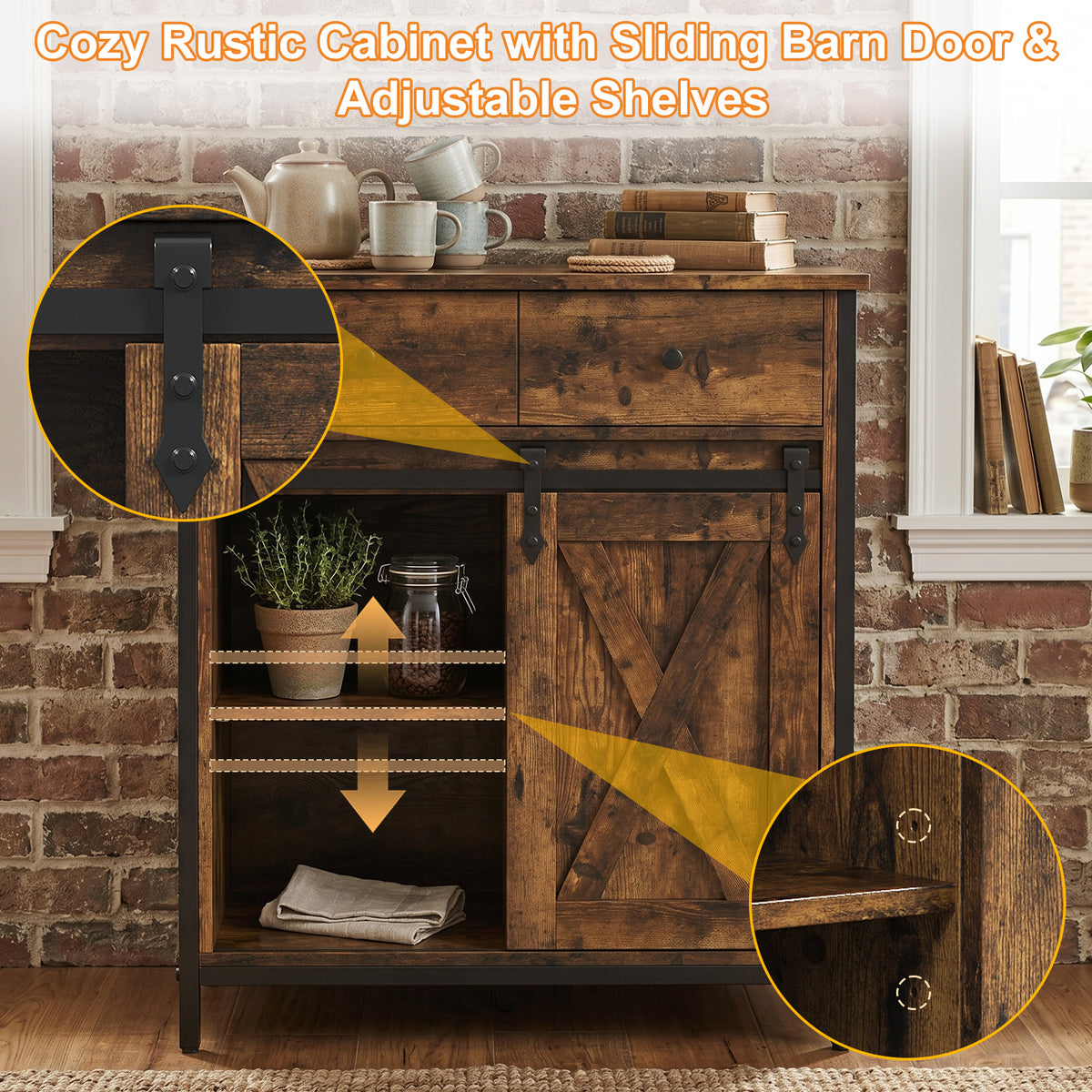 Buffet Cabinet Farmhouse Sideboard Coffee Bar Storage Cabinet with Sliding Barn Door Drawer Adjustable Shelf for Living Room