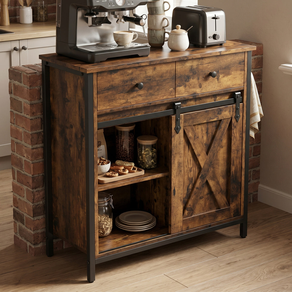 Buffet Cabinet Farmhouse Sideboard Coffee Bar Storage Cabinet with Sliding Barn Door Drawer Adjustable Shelf for Living Room