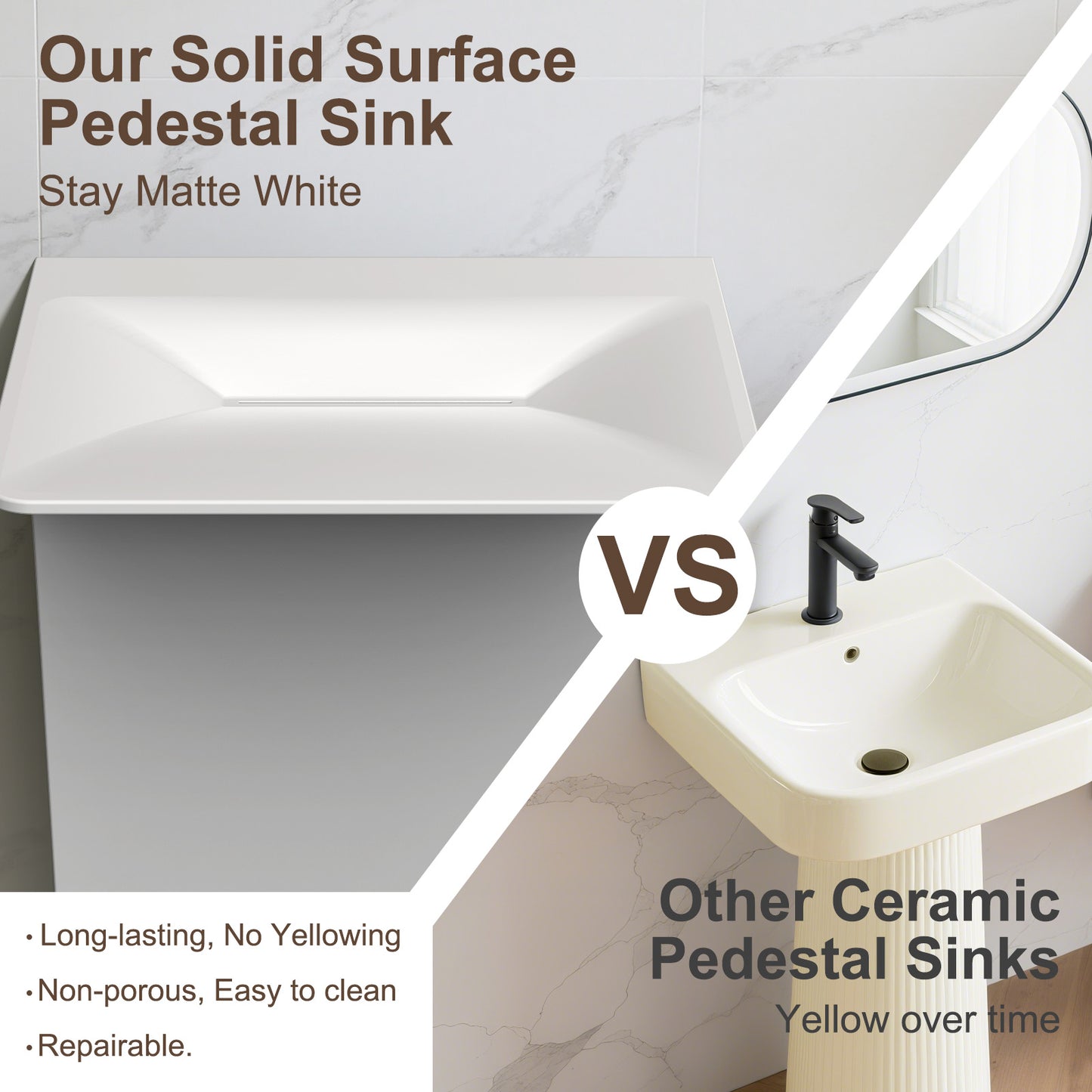 KOLIGEY 33.2'' Tall Solid Surface Pedestal Sink,White Bathroom Sink B607