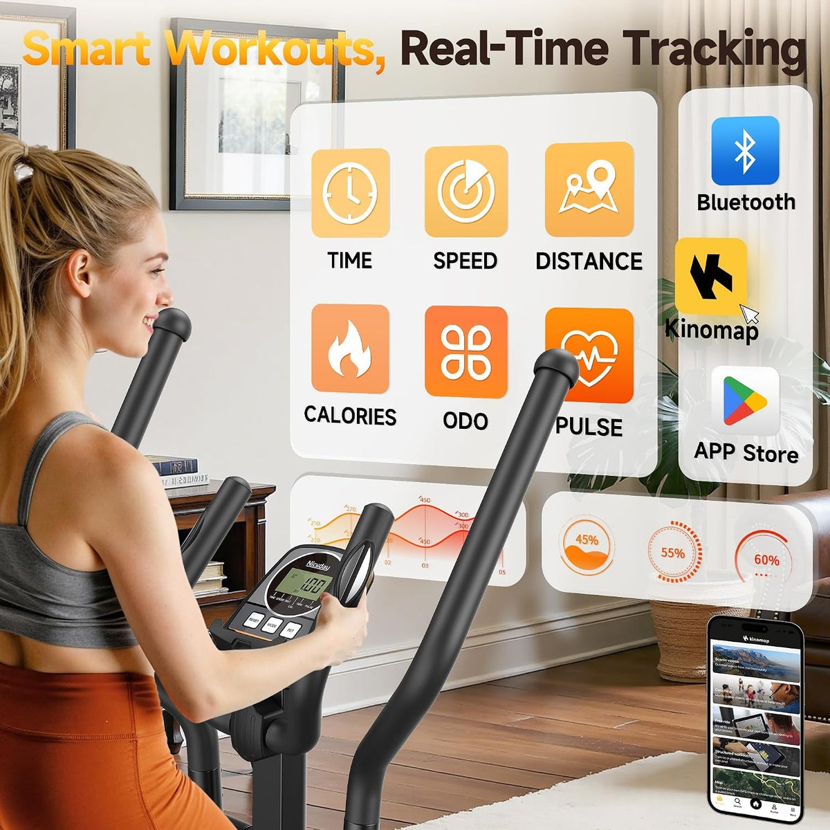 Niceday Elliptical Exercise Machine with 15.5/18/19IN Long Stride | Compact Elliptical Machine for Home Use, 16 Resistance Levels; 400LBS Stable Loading Capacity; Kinomap APP Support