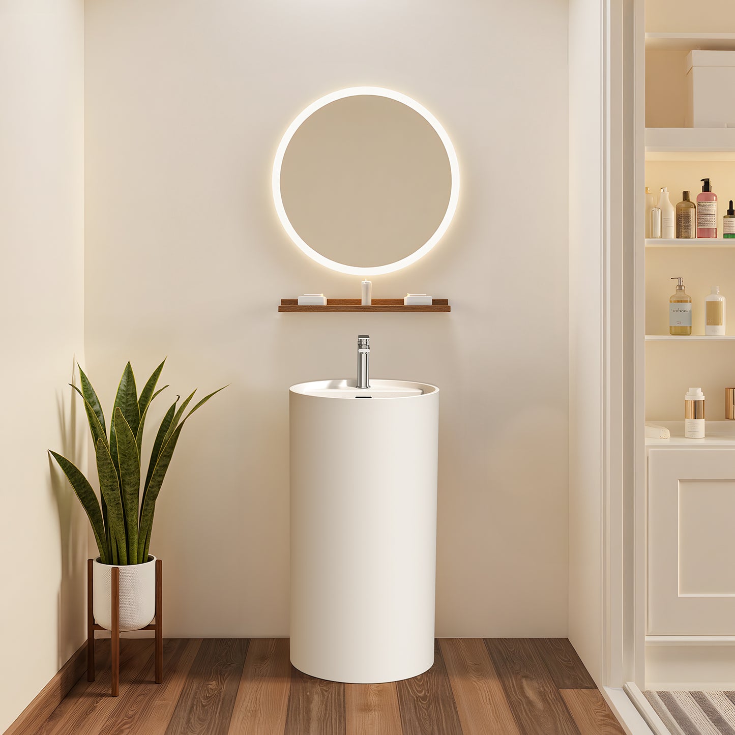 KOLIGEY 33.5'' Tall Solid Surface Circular Pedestal Bathroom Sink, Modern Pedestal Sink with Overflow B040