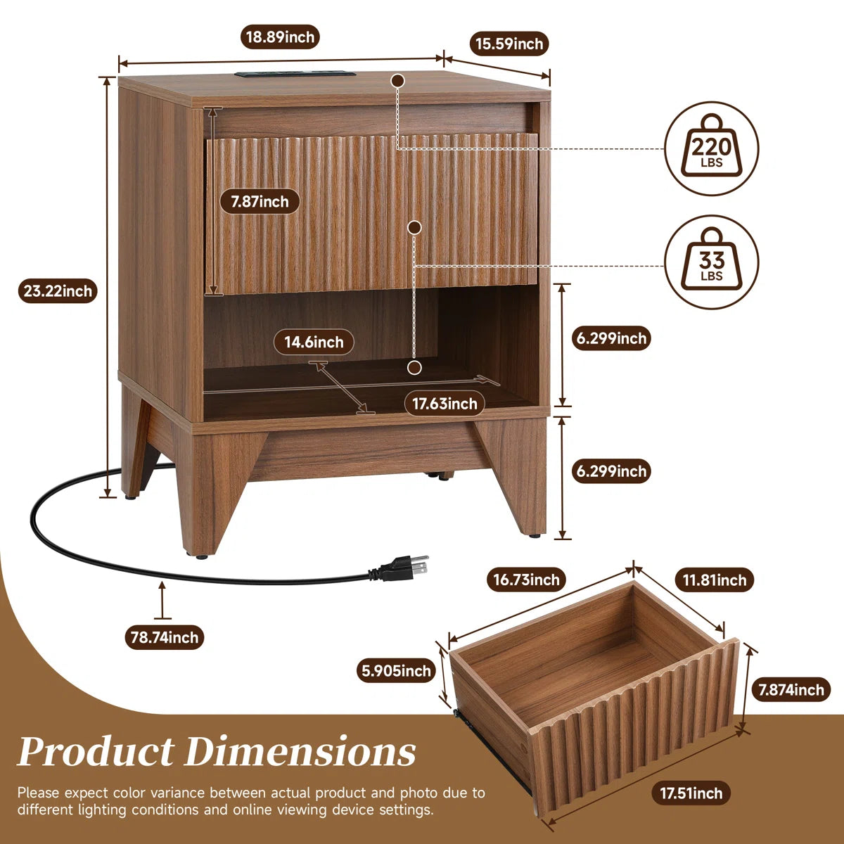 KOLIGEY 1 - Drawer Nightstand With Charging Station, Versatile Side Table With Storage