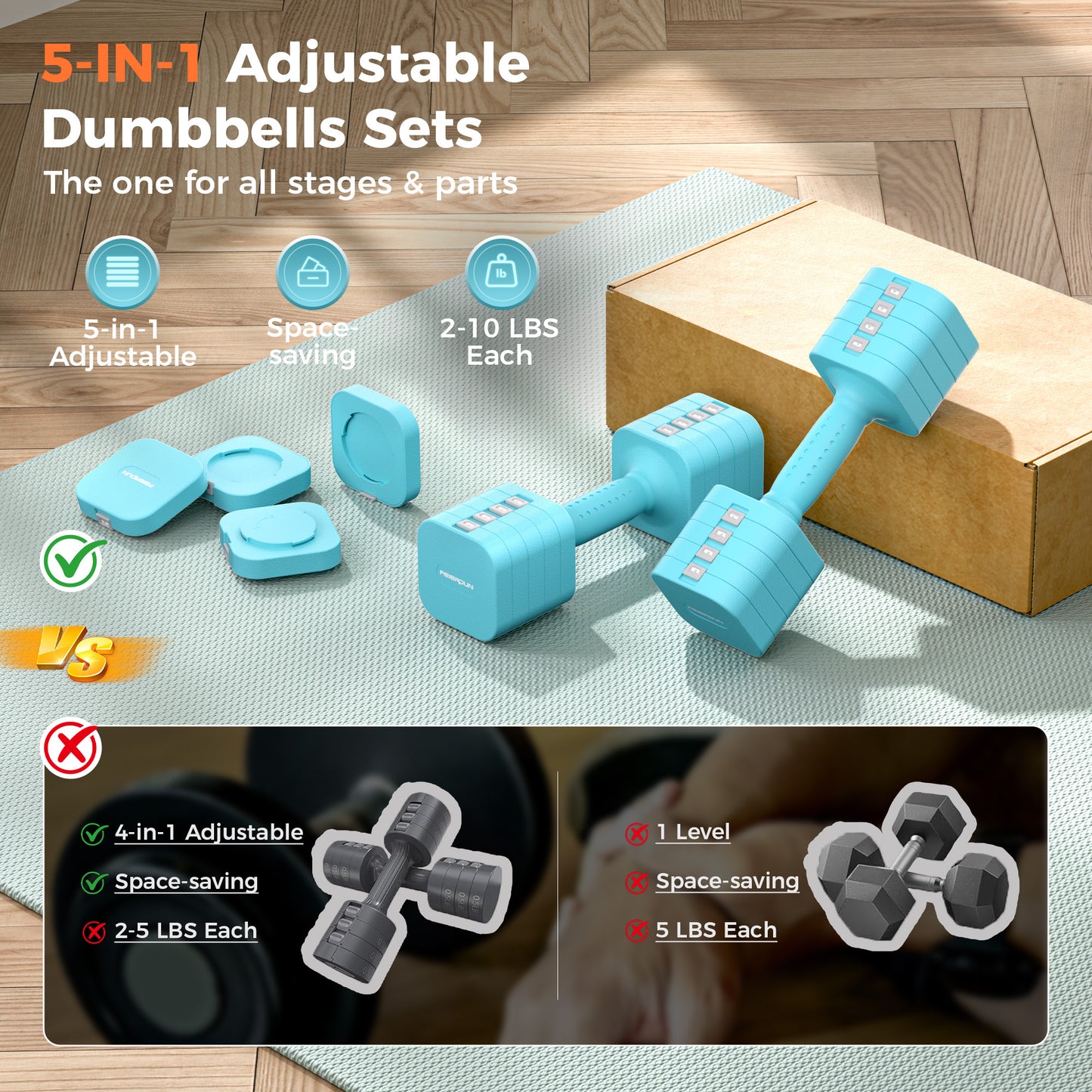 FEIERDUN 5-in-1 Adjustable Dumbbell Set of 2, 20LBS/10LBS Hand Weights for Women, 1s-Adjust Dual-Stable Dumbbell Set for Women Home Gym & Outdoor