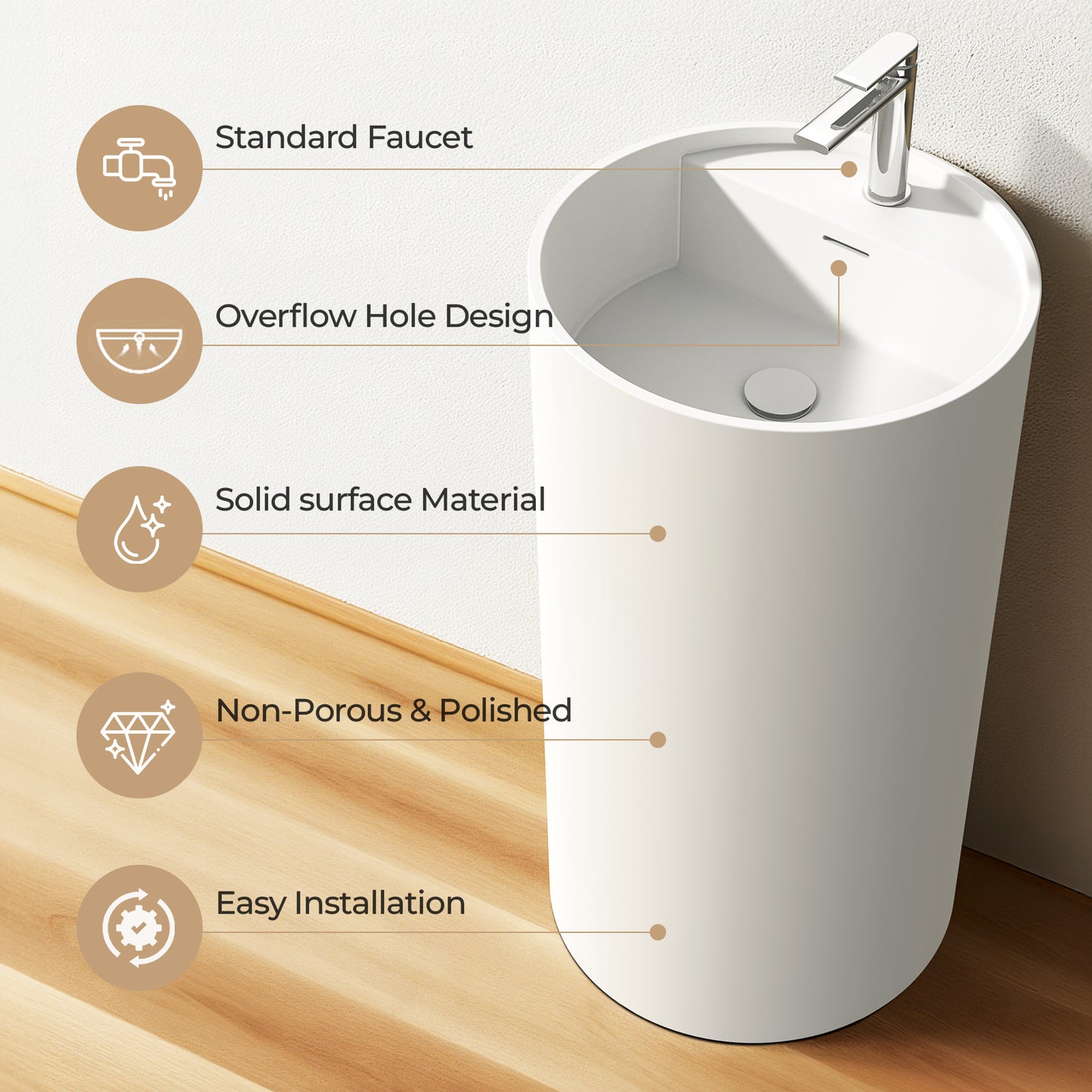 KOLIGEY 33.5'' Tall Solid Surface Circular Pedestal Bathroom Sink, Modern Pedestal Sink with Overflow B040