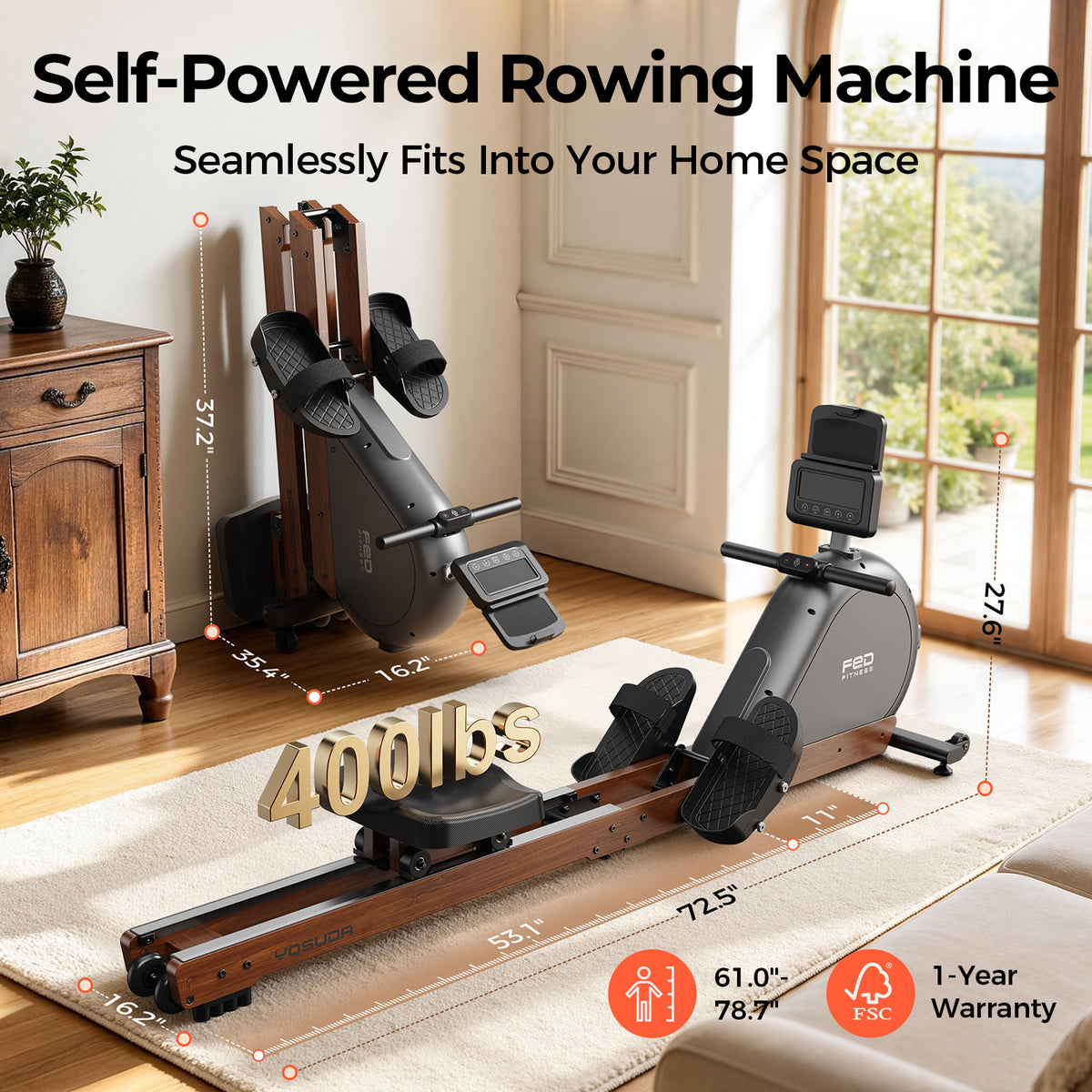 YOSUDA Wooden Rowing Machine for Home, Foldable Magnetic Rower | 32 Levels Resistance & Self-Powered System