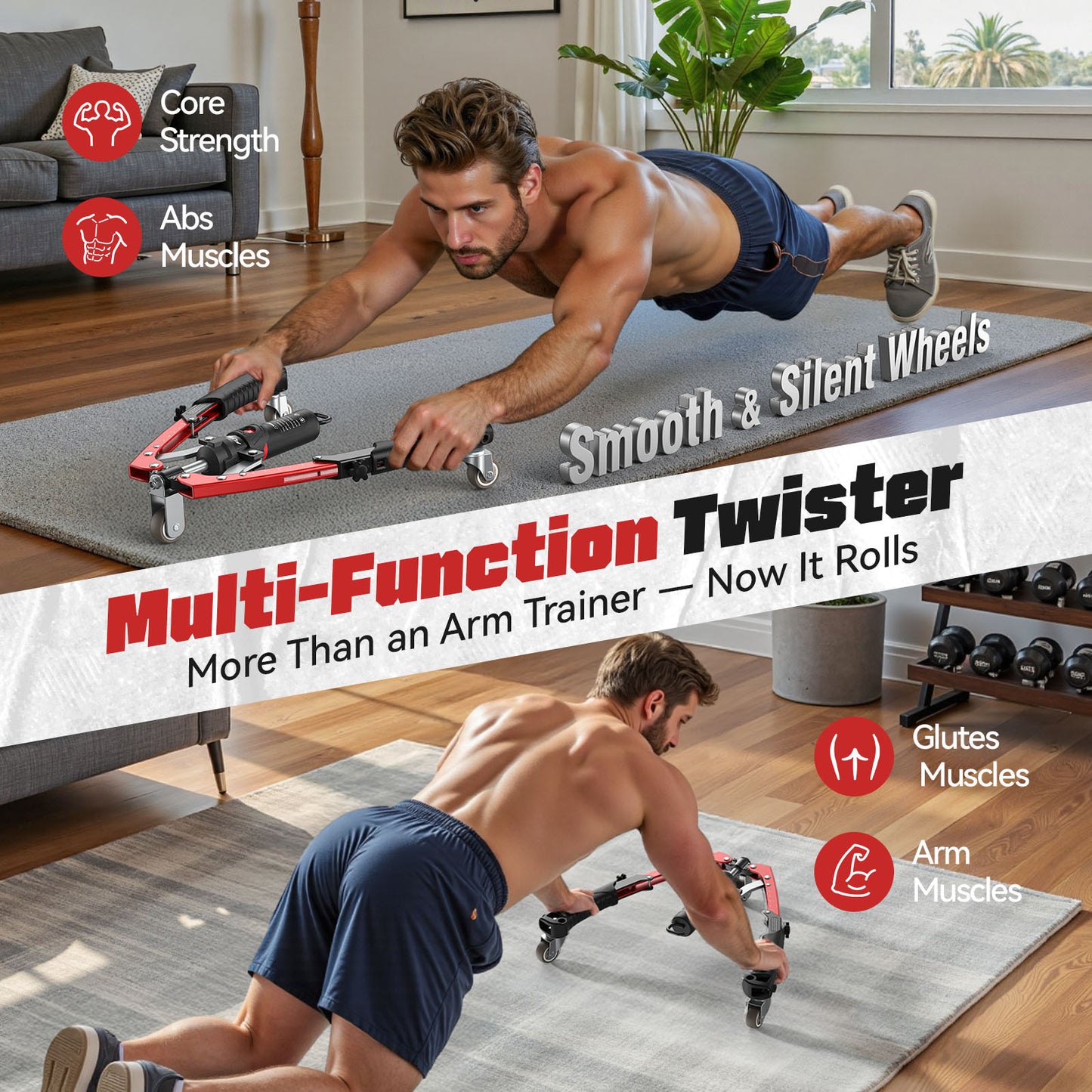 All-in-one YOSUDA Chest Trainer: Hydraulic Power Chest Press (22-440lbs), Arm Twister, and Ab Roller Wheel. Includes Backpack & Pad.