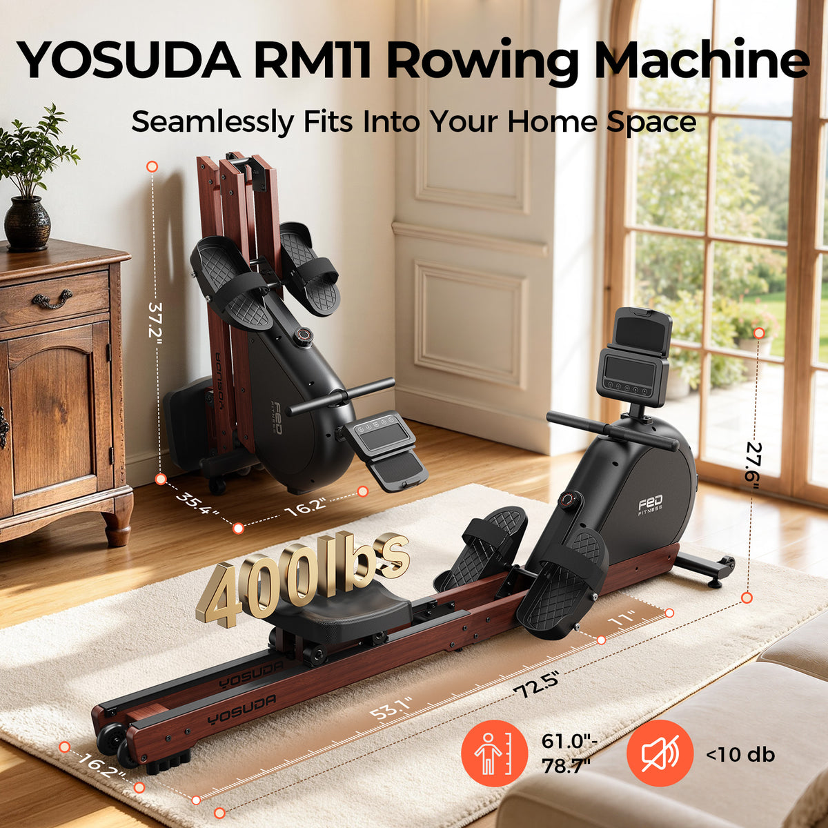 YOSUDA Wooden Rowing Machine for Home, Foldable Magnetic Rower with 32 Resistance Levels & Self-Powered System,Full Body Low-Impact Cardio Equipment