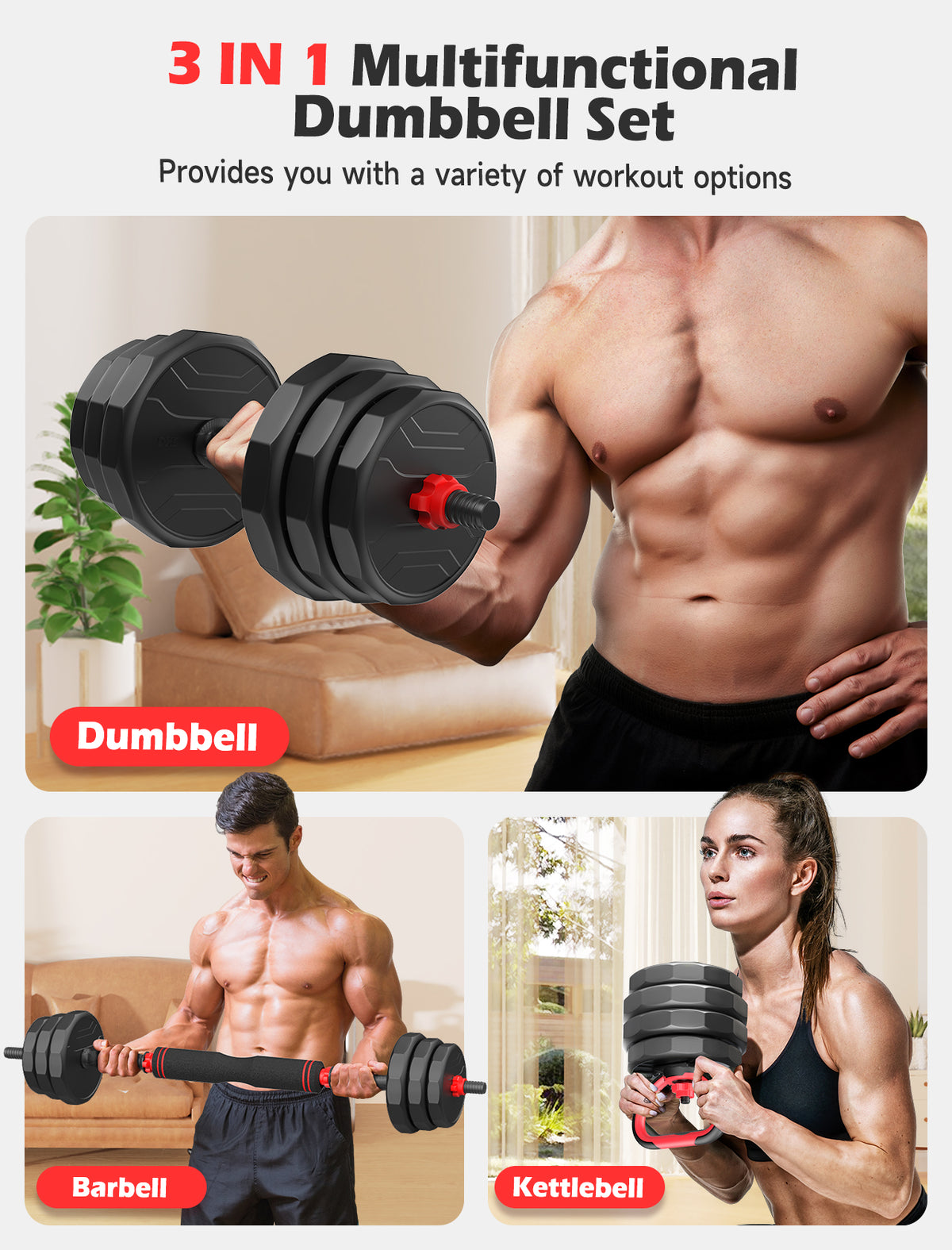 FED FITNESS 55/70/90 LBS Adjustable Dumbbell Set, 5-in-1 Free Weight Set with Barbell Connector, Kettlebell, Push-Up Stand and Weight Plates for Home Gym Use
