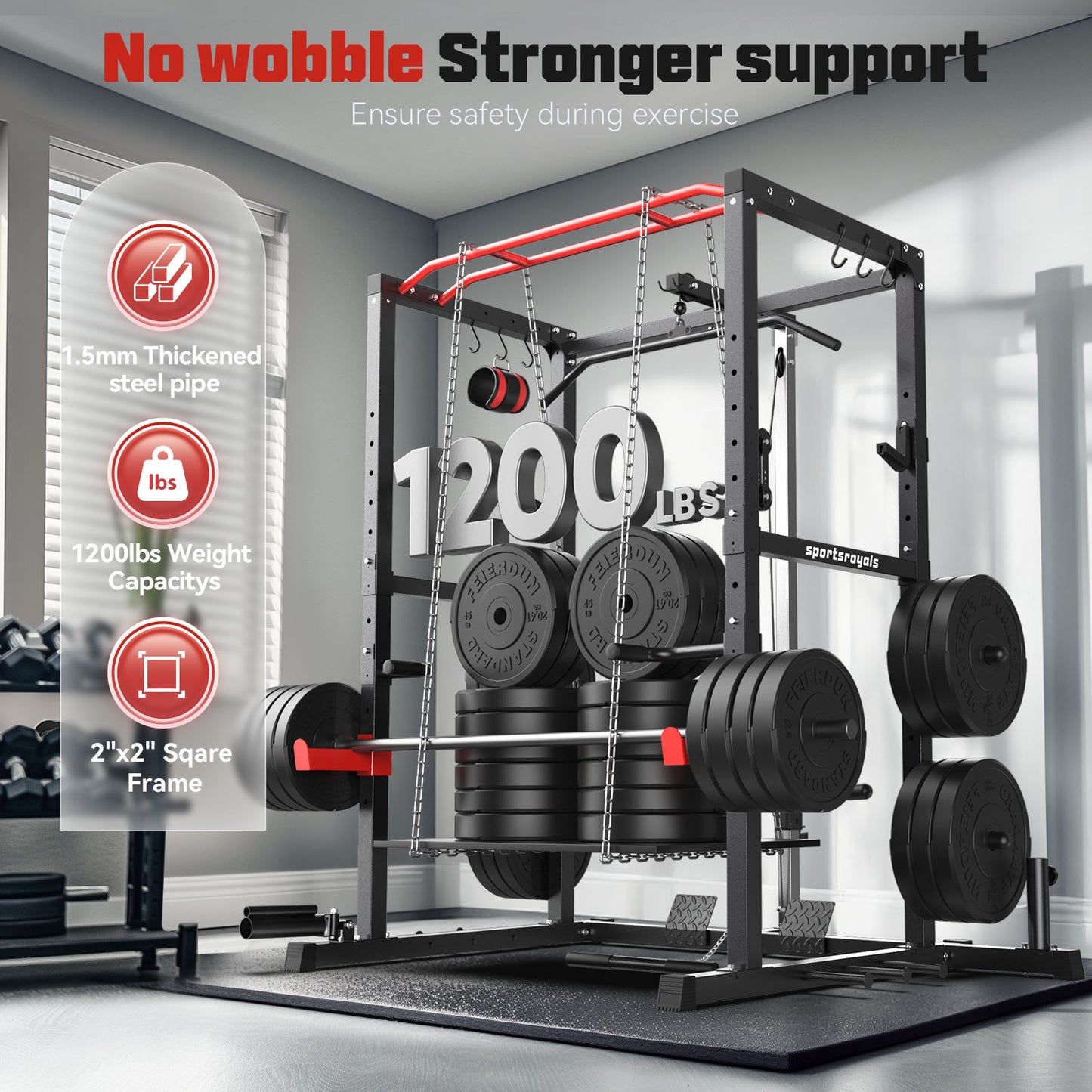 Sportsroyals Power Cage, Power Rack with Adjustable Cable Crossover System, Weight Cage for Home Gym
