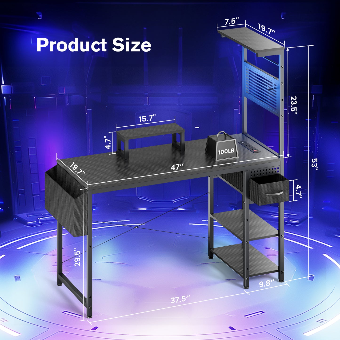 KOLIGEY Computer Desk with Adjustable Storage Rack & LED Lights, 47 Inch Gaming Desk