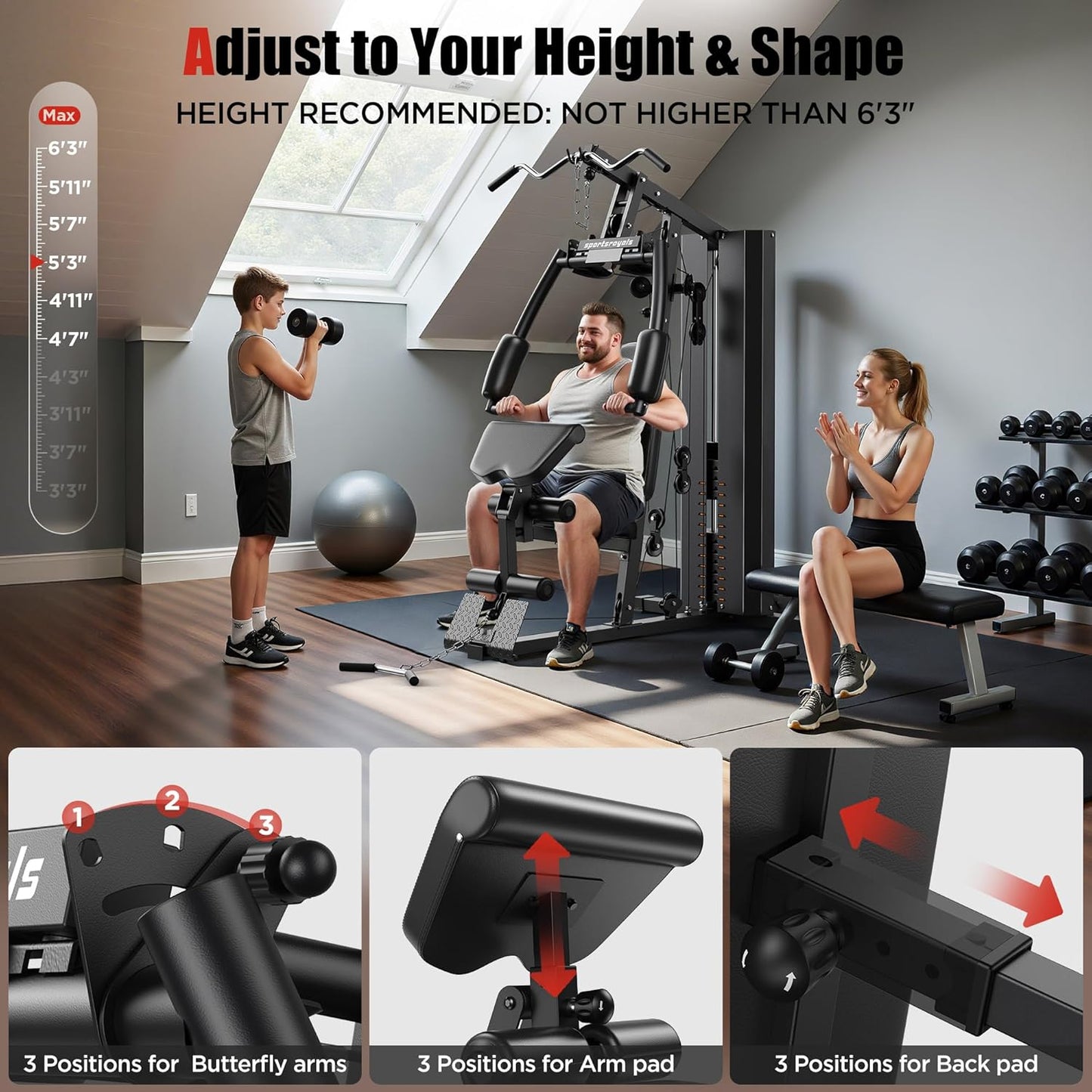 Sportsroyals Multifunctional Home Gym Equipment, Workout Station with 154LBS Weight Stack