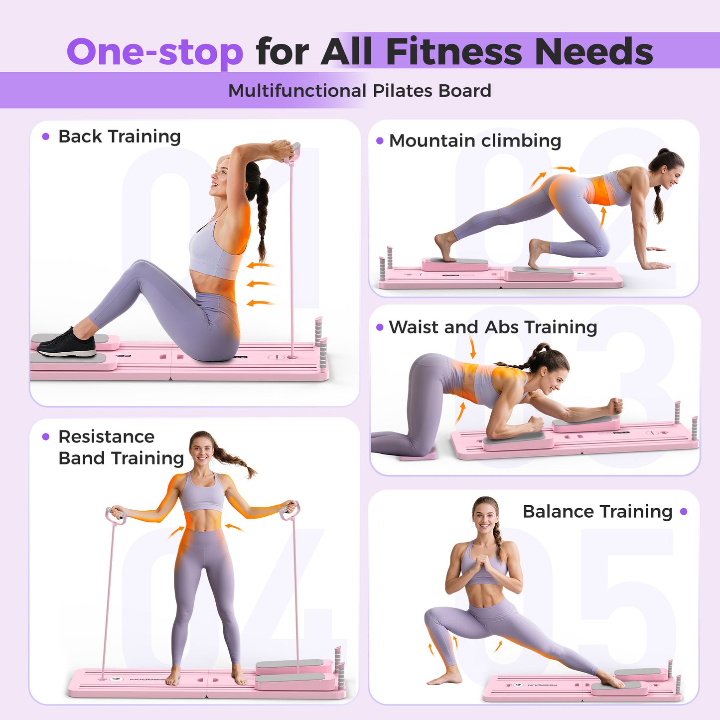 FEIERDUN 5 in 1 Folding Pilates Board, Pilates Reformer Set with 300 LBS Weight Capacity, Portable Home Pilates for Woman (Pink)