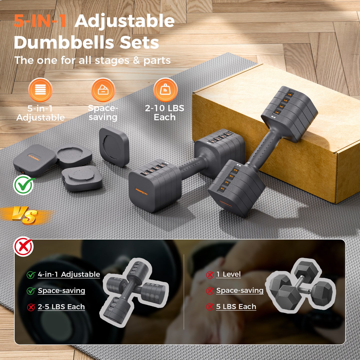 FEIERDUN 5-in-1 Adjustable Dumbbells Set of 2, 12LBS/20LBS Hand Weights