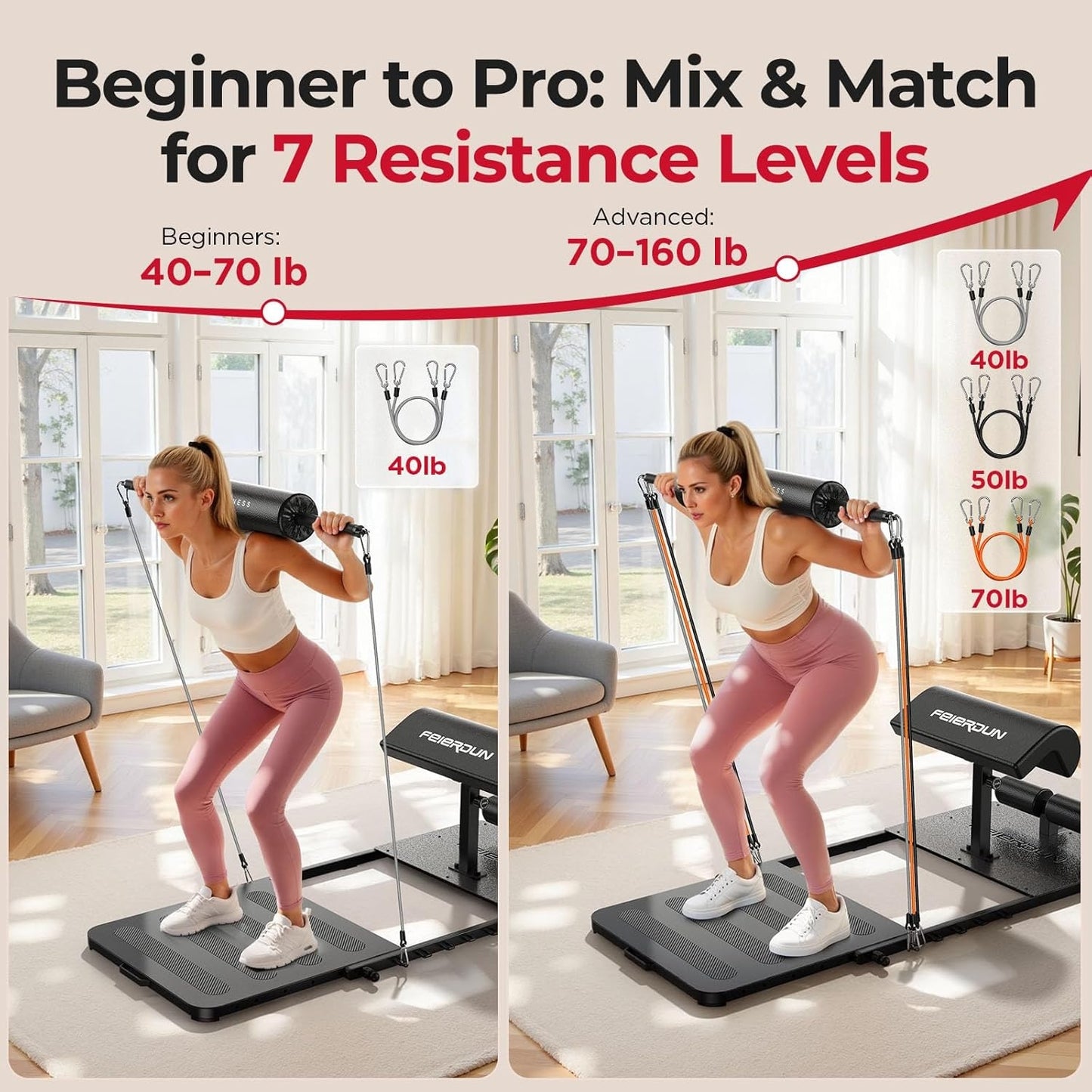 FED FITNESS Foldable Hip Thrust Machine for Home Gym, with Padded Bar & Resistance Bands, for Hip Thrust, Sissy Squat & Lower Body Training, Black-White