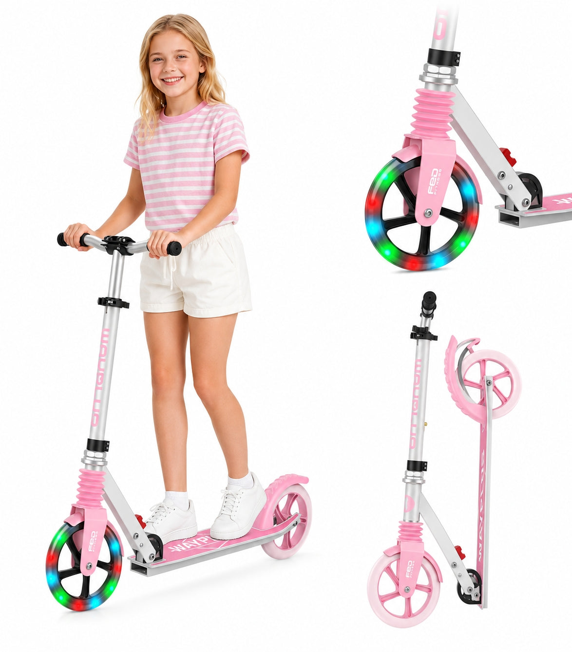 WAYPLUS Kick Scooter for Ages 6+,Kid, Teens & Adults. Max Load 240 LBS. Foldable, Lightweight, 8IN Big Wheels for Kids, Teen and Adults, 4 Adjustable Levels. Bearing ABEC9