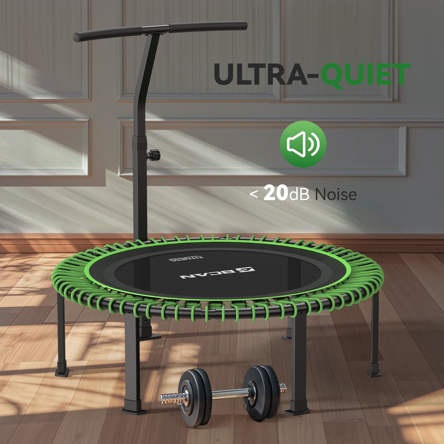 BCAN 500 LBS Soft Land Mini Trampoline, 40" Fitness Trampoline, Bungees(2 Sets), T Shape Adjustable Foam Handle, Stable, Quiet Exercise Rebounder for Kids Adults Indoor/Garden Workout