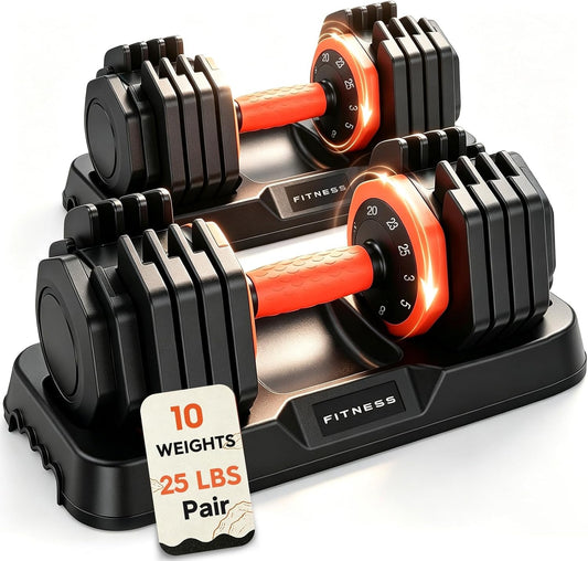 FEIERDUN Adjustable Dumbbell Set, Weight Set for Home Gym, 10-in-1 Free Weight Adjustable Dumbbells, Single Hand Twist Adjust with Non-Slip Handles, 90% Space Saving Strength Training for both Men&Women