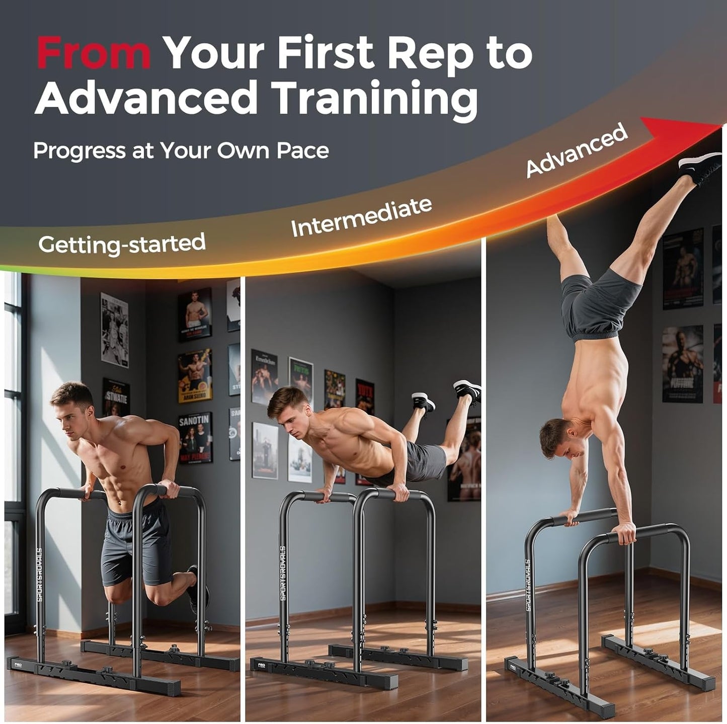 Sportsroyals Adjustable Dip Bar Station,Heavy Duty Parallette & Parallel Bars,400LBS Stable Dip Stands for Home Gym,Calisthenics & Workout Equipment