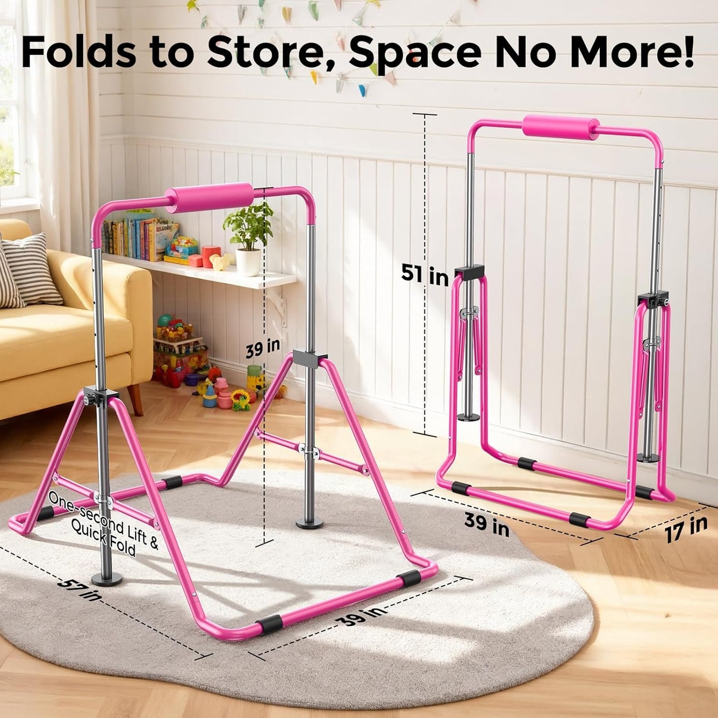 Sportsroyals Gymnastics Bar for Kids,Adjustable Height Gymnastic Horizontal Bars,Folding Gymnastic Junior Training Kip Bar for Home, Pink