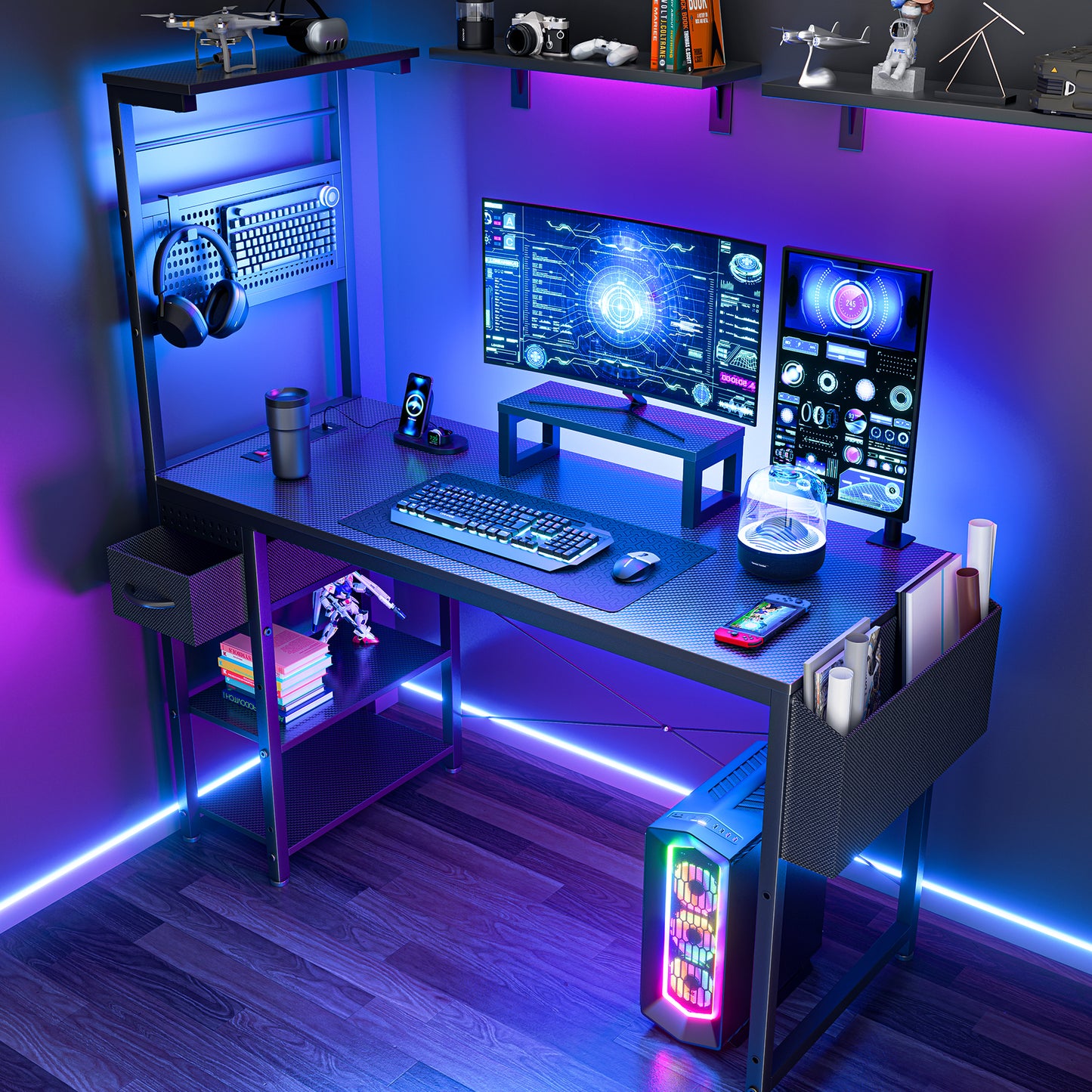 KOLIGEY Computer Desk with Adjustable Storage Rack & LED Lights, 47 Inch Gaming Desk