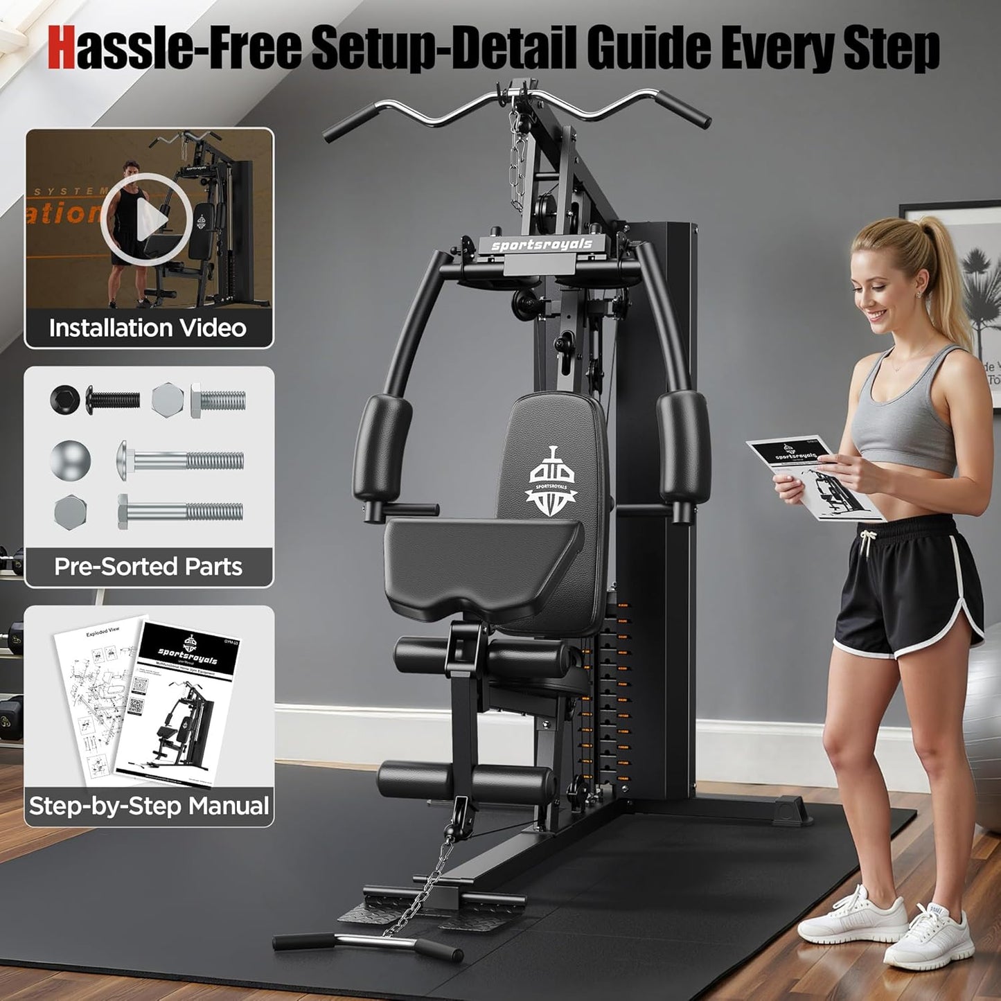 Sportsroyals Multifunctional Home Gym Equipment, Workout Station with 154LBS Weight Stack