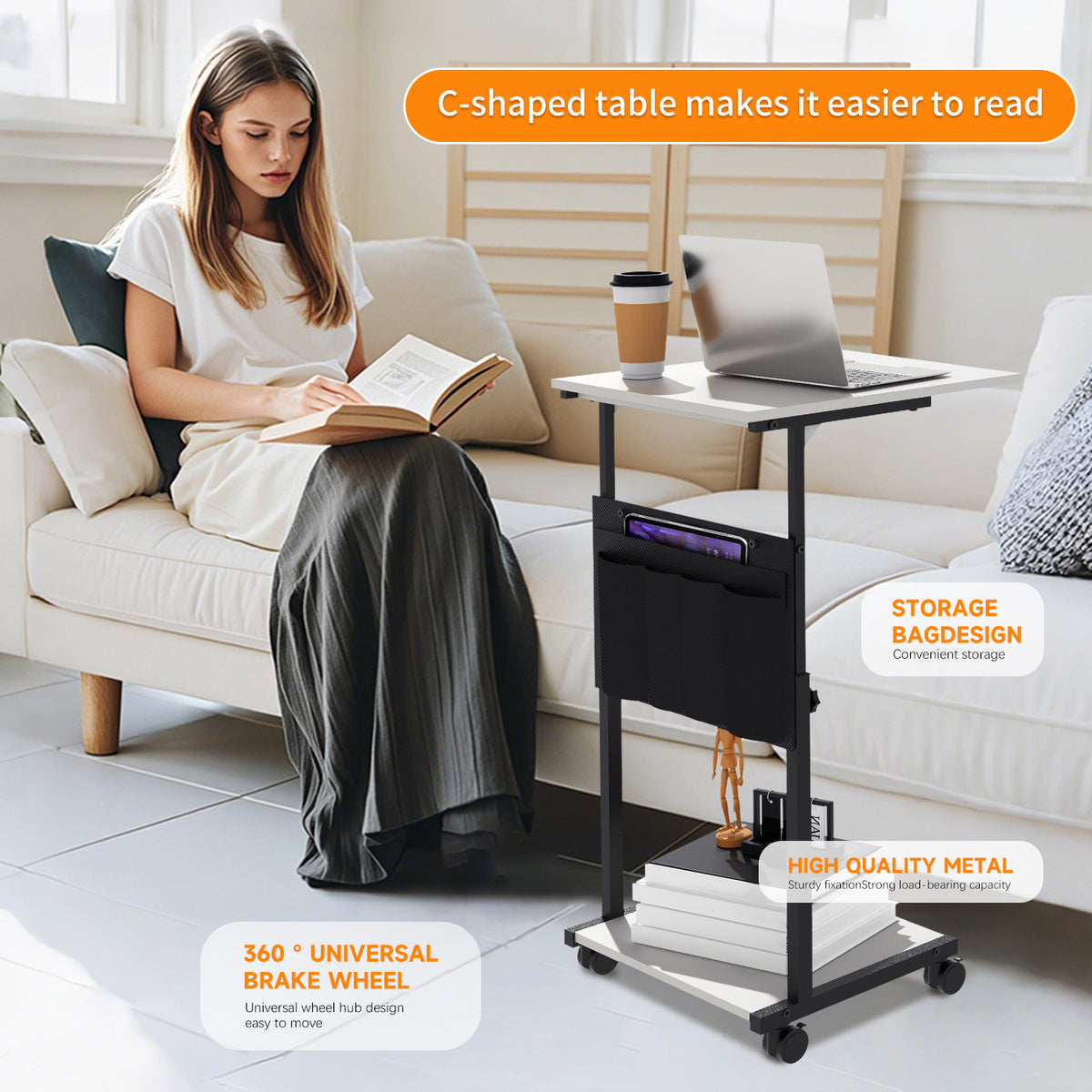 KOLIGEY Height Adjustable C-Shaped End Table with Wheels, Mobile Sofa Side Table with Storage Pocket, Rolling Laptop Desk, Lockable Casters