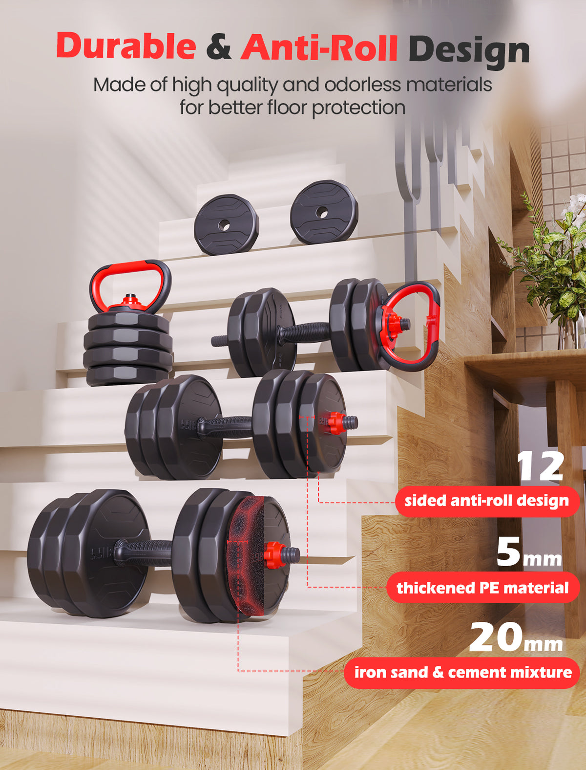 FED FITNESS 55/70/90 LBS Adjustable Dumbbell Set, 5-in-1 Free Weight Set with Barbell Connector, Kettlebell, Push-Up Stand and Weight Plates for Home Gym Use