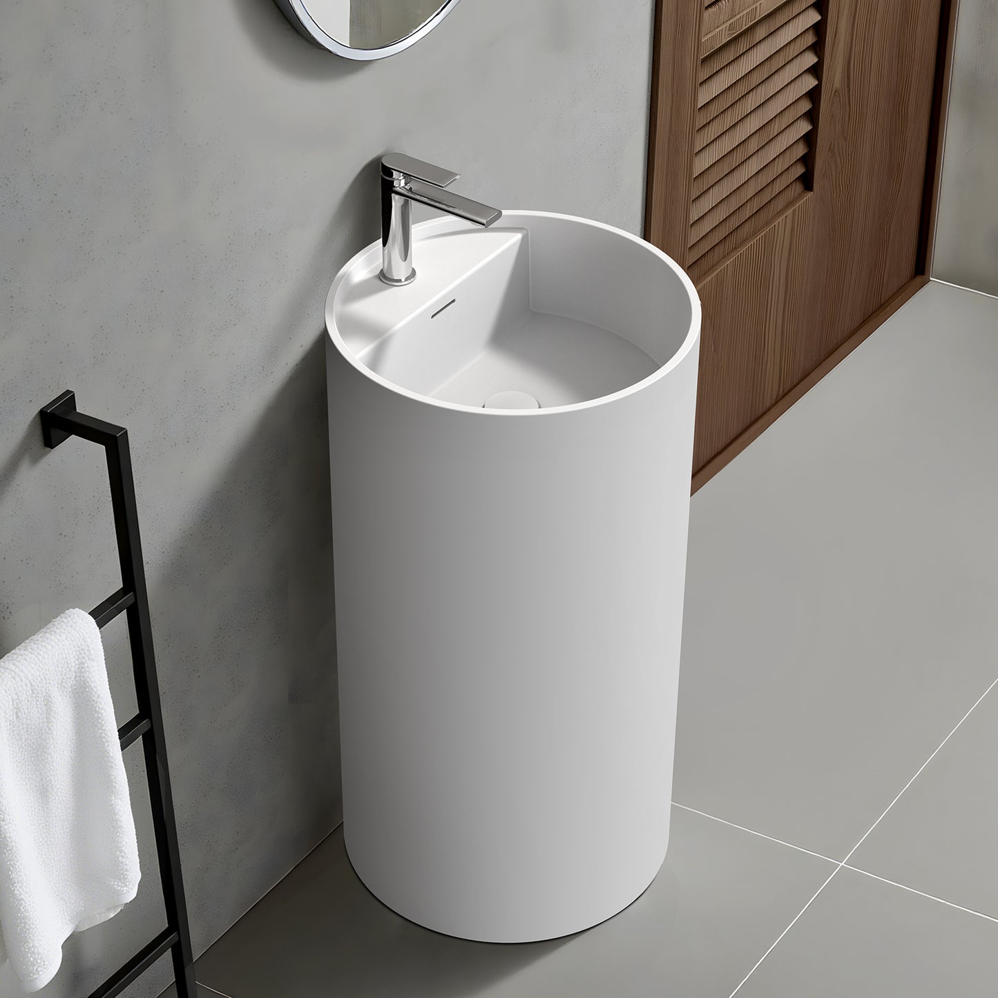 KOLIGEY 33.5'' Tall Solid Surface Circular Pedestal Bathroom Sink, Modern Pedestal Sink with Overflow B040