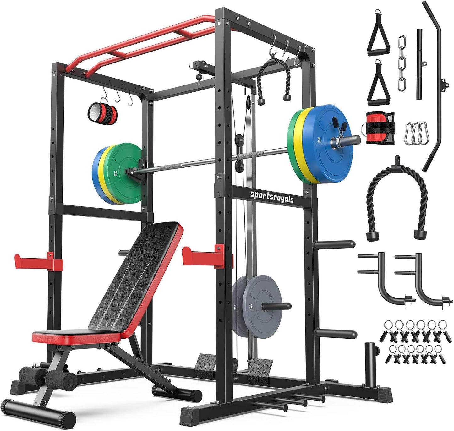 SPORTSROYALS Power Rack, Multi-Functional Power Cage, Squat Rack with Pulley System & LAT Pull Down, Workout Cage with J Hooks for Home Gym