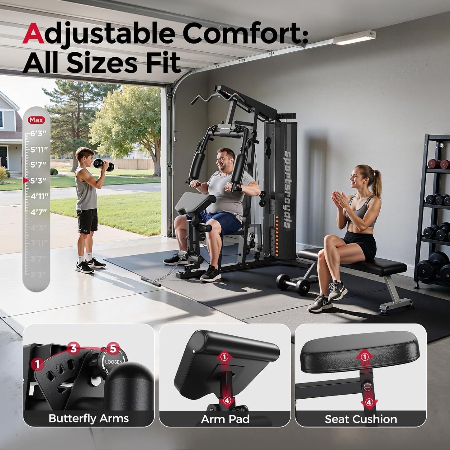 Sportsroyals Multifunctional Gym Equipment Pro Plus, Workout Station with 150LBS Weight Stack With Leg Press