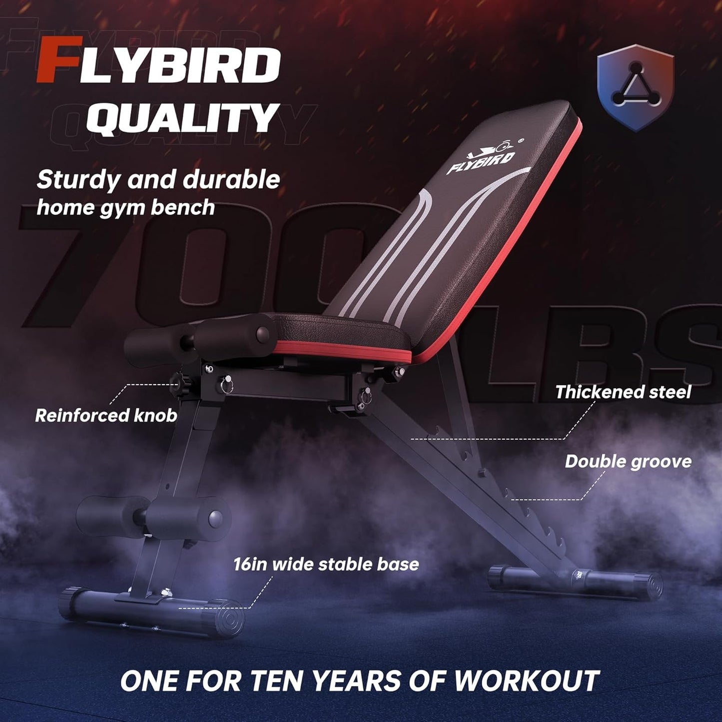FLYBIRD Foldable Weight Bench with Resistance Bands, 8 Backrests Fast Adjustable FID for Home Gym Full Body Workout
