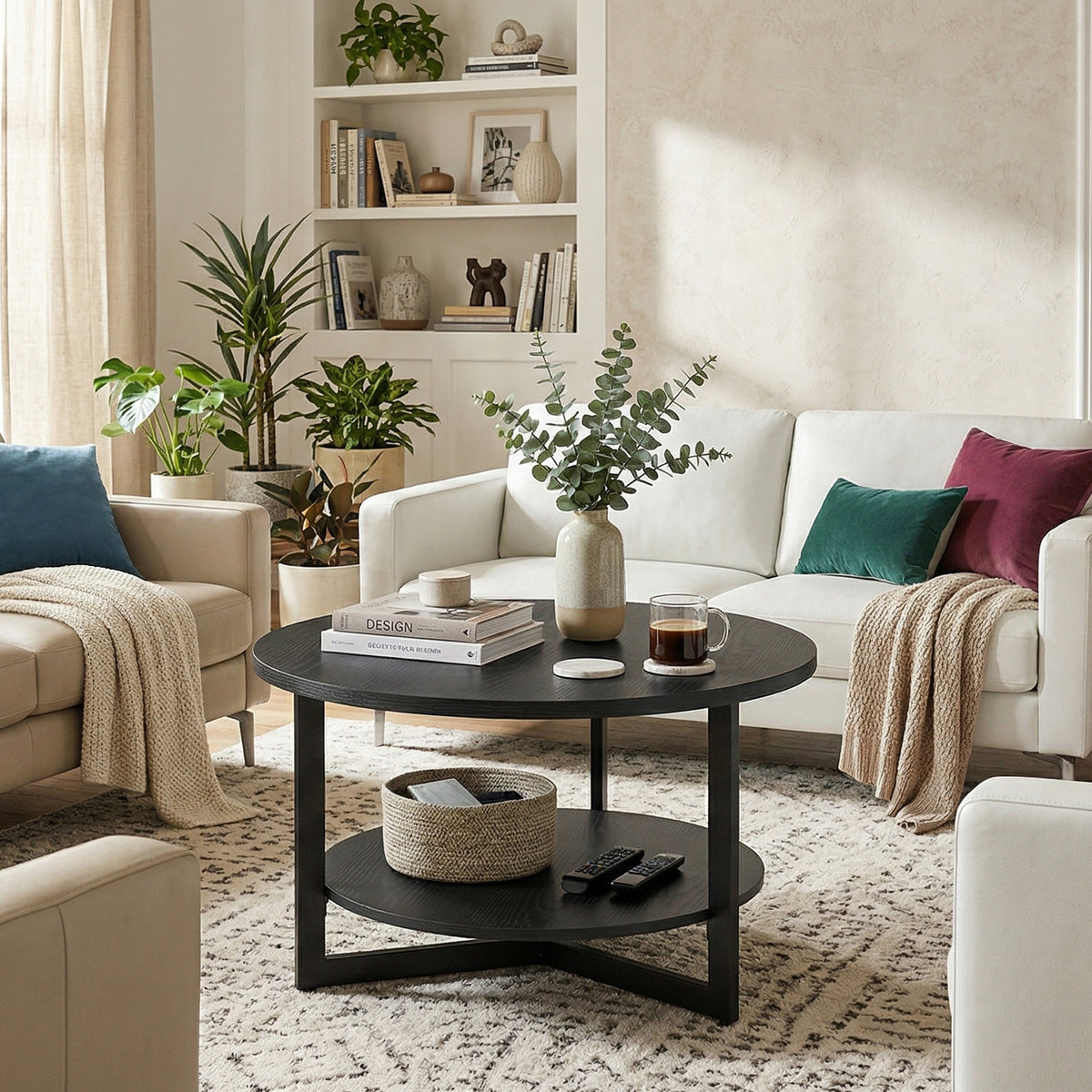 31.5in Round Coffee Table 2 Tier Center Table with Storage Easy Assembly for Living Room Home Office Black