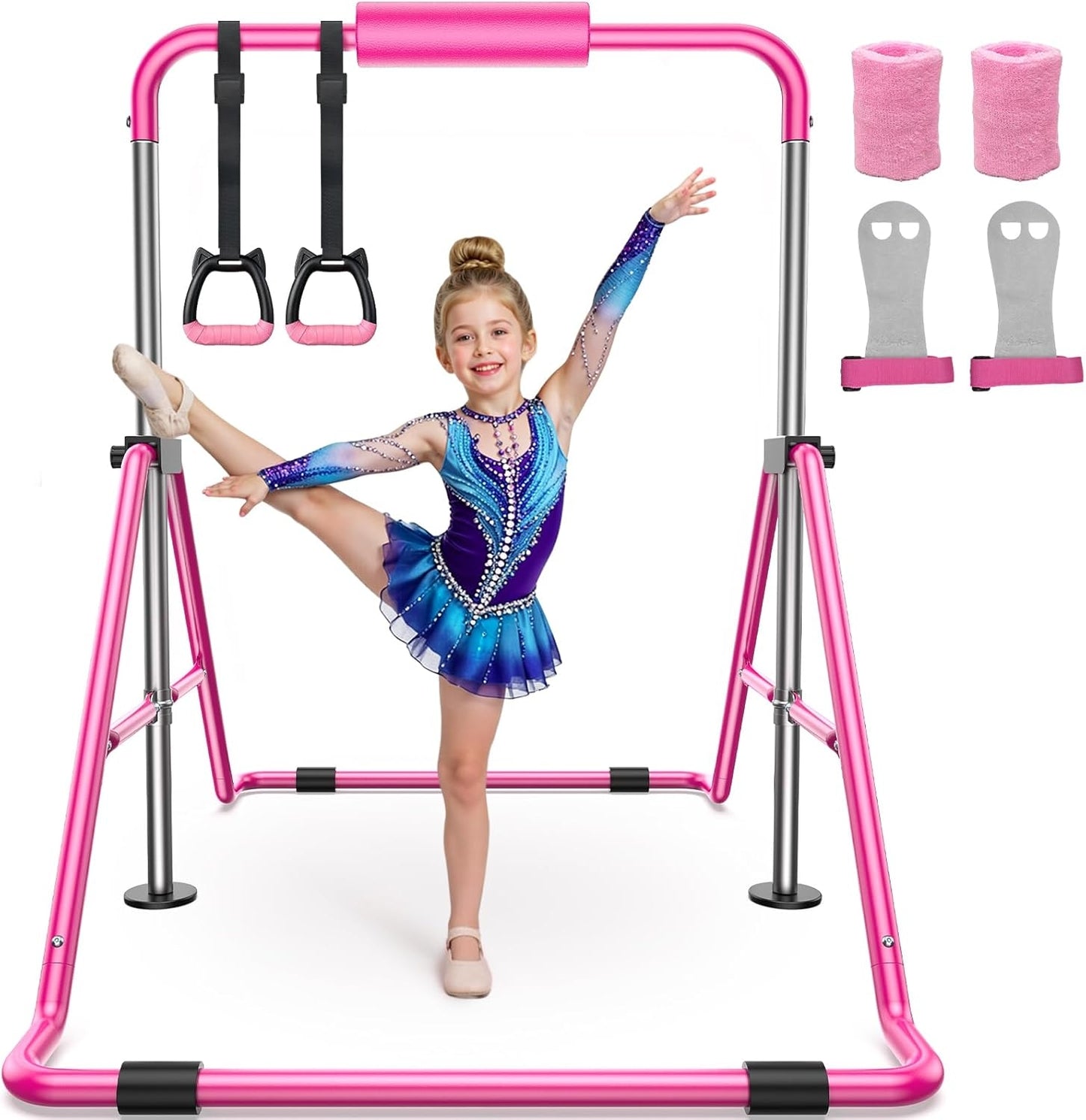 Sportsroyals Gymnastics Bar for Kids,Adjustable Height Gymnastic Horizontal Bars,Folding Gymnastic Junior Training Kip Bar for Home, Pink