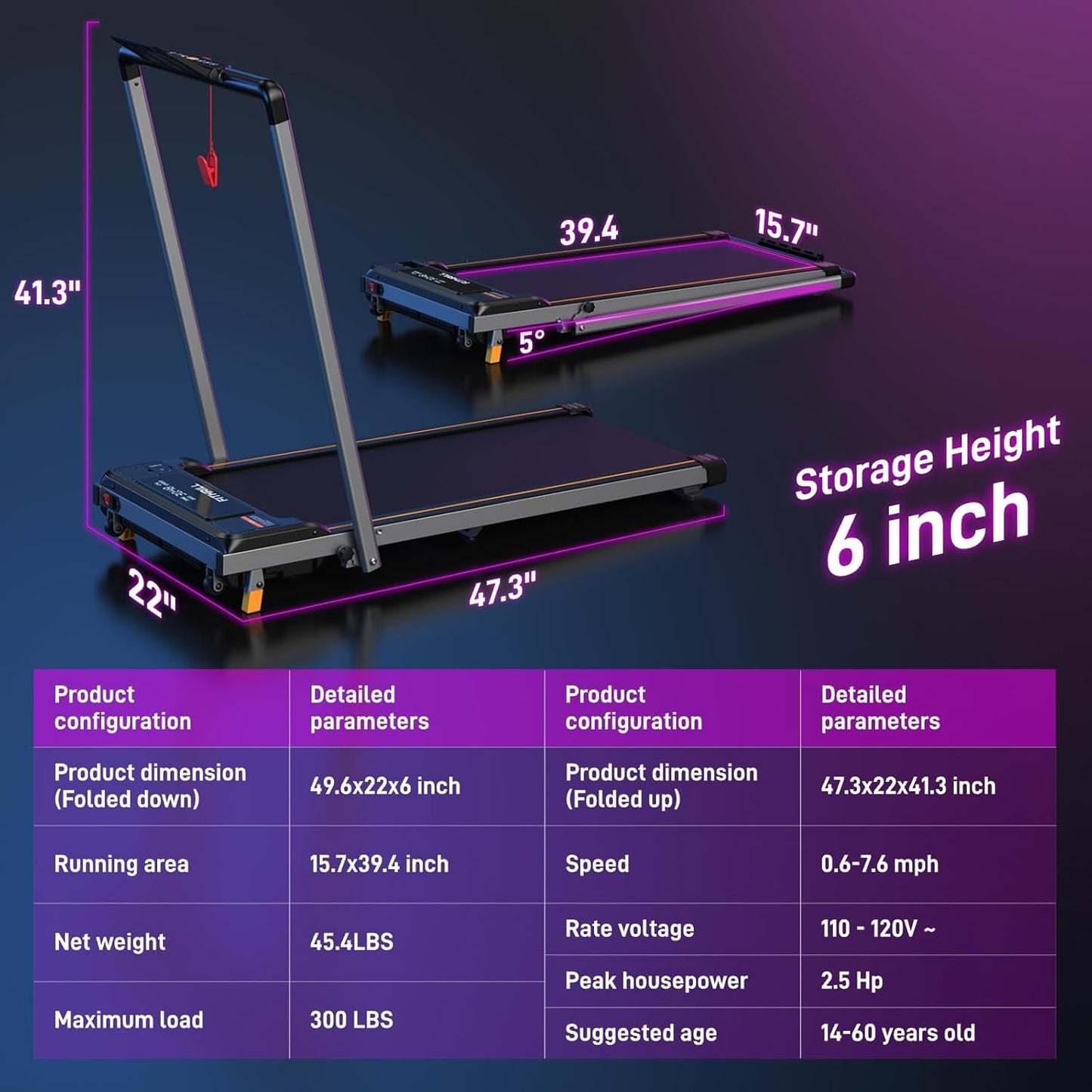 Portable Walking/Jogging Pad for Home and Office, Weighs only 43 Pounds, 265LBS Capacity, 7.6 MPH Speed,