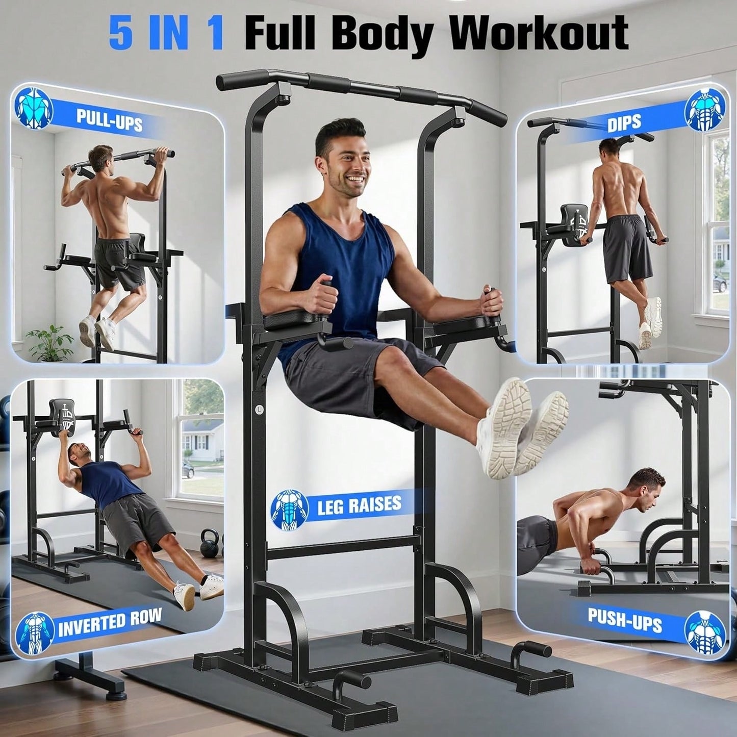 FED FITNESS Adjustable Power Tower 450lbs Max Weight Dip Station Pull up Bar Power Rack Push up Resistance Band for Home Gym