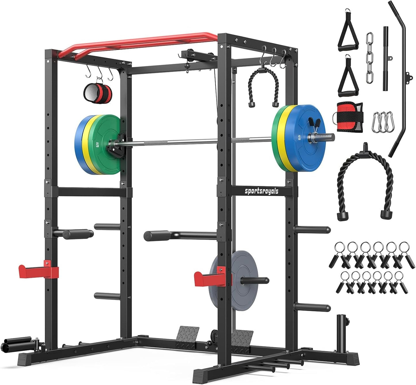 SPORTSROYALS Power Rack, Multi-Functional Power Cage, Squat Rack with Pulley System & LAT Pull Down, Workout Cage with J Hooks for Home Gym
