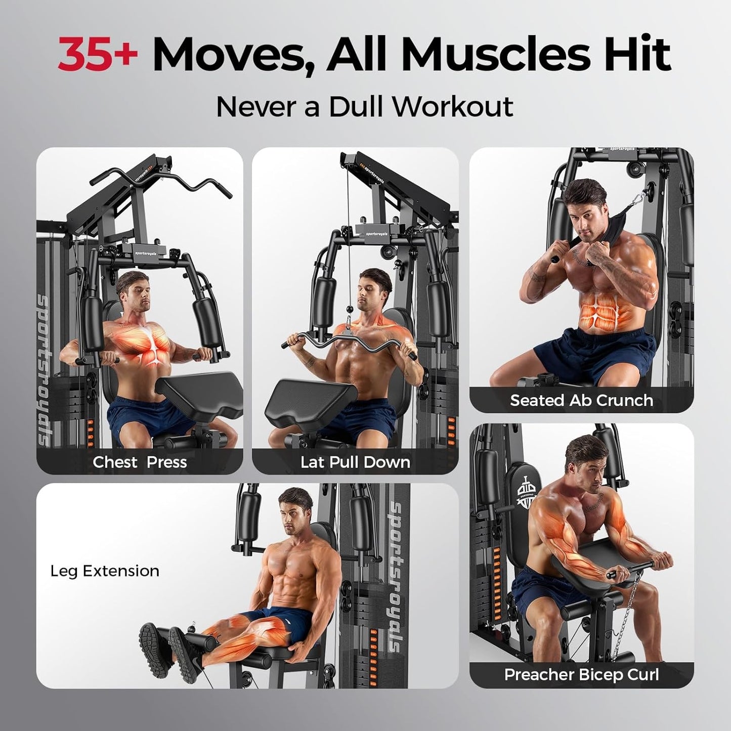 Sportsroyals Multifunctional Gym Equipment Pro Plus, Workout Station with 150LBS Weight Stack With Leg Press